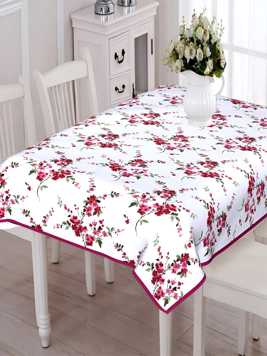 Texstylers Pink & White Floral 50.8 cm x 1.98 m Cotton Table Cover