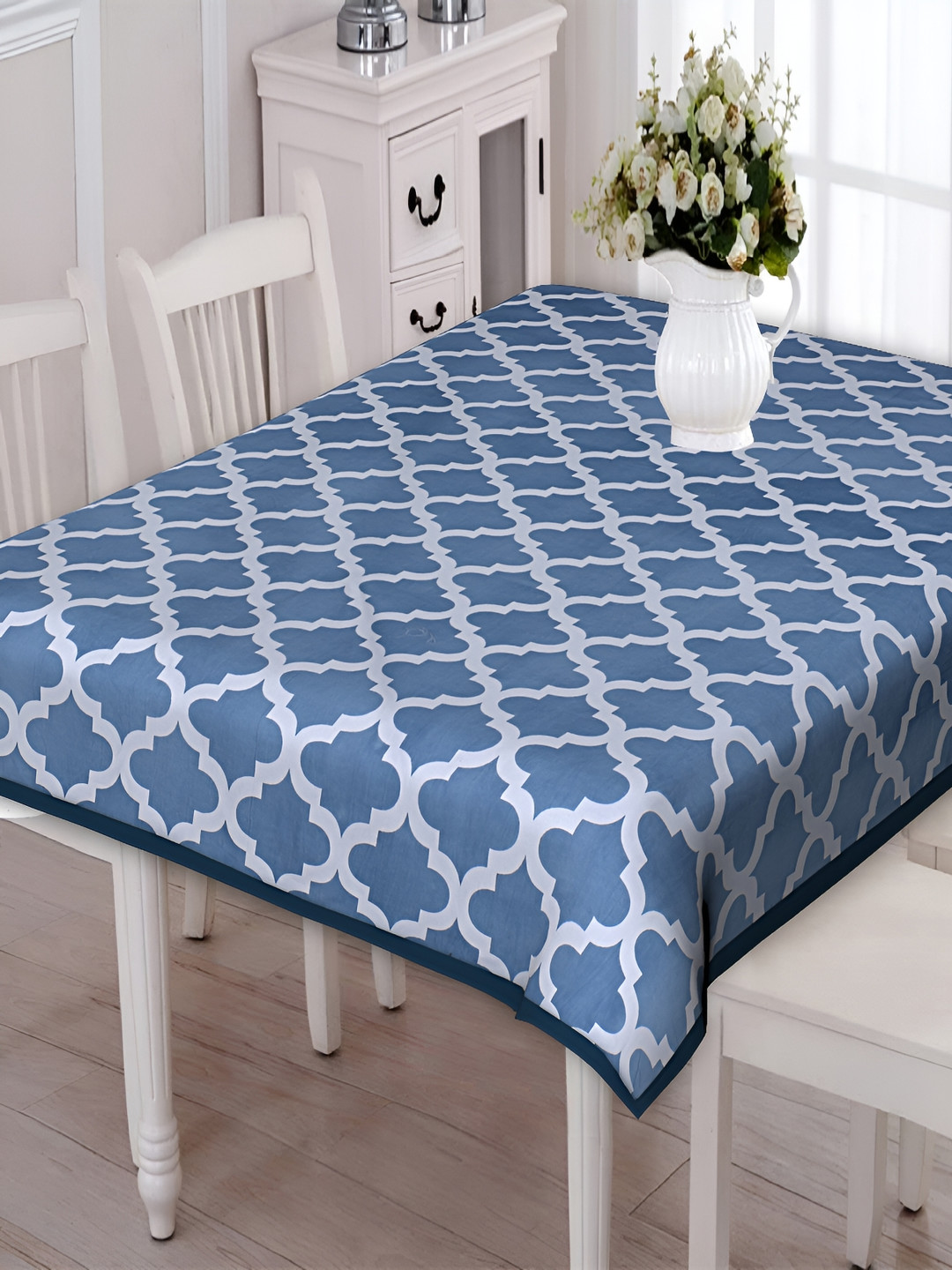 Texstylers Blue & White Geometric 50.8 cm x 1.98 m Cotton Table Cover