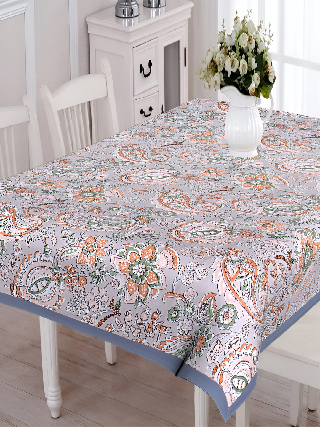 Texstylers Grey & Orange Ethnic Motif Anti Slip Cotton 6 Seater Rectangular Table Cover