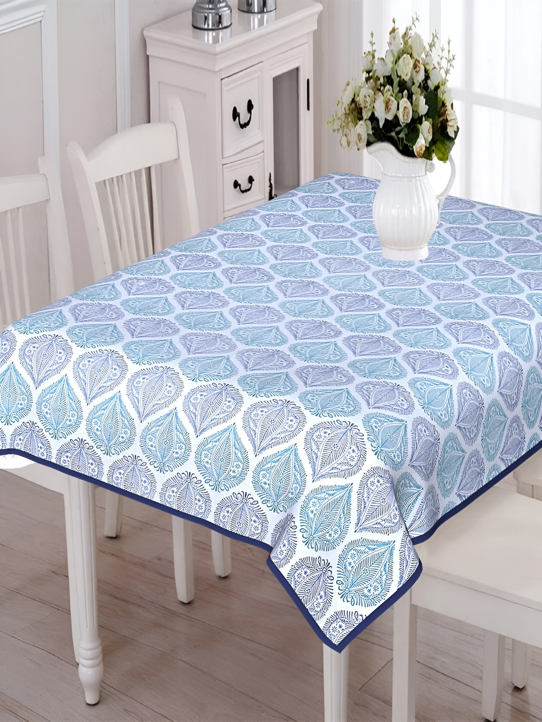 Texstylers White & Blue Ethnic Motif Anti Slip Cotton 6 Seater Rectangle Table Cover
