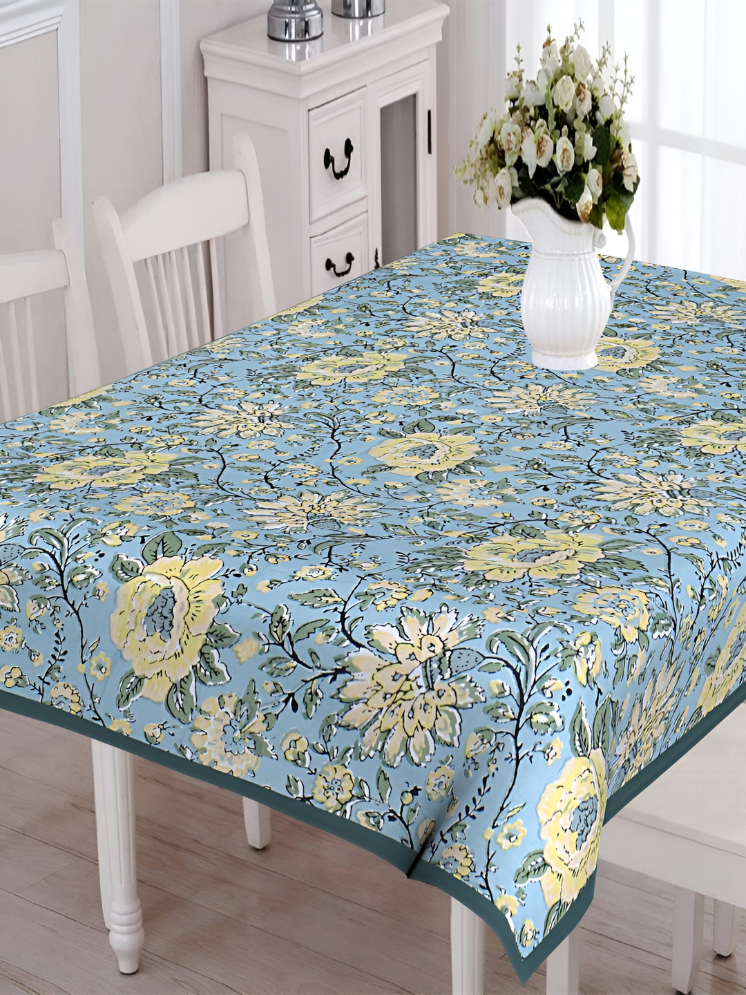 Texstylers Blue & Yellow Floral Anti Slip Cotton 6 Seater Table Cover