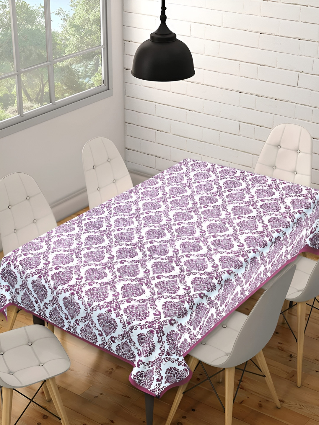 Texstylers Pink & White Ethnic Motif Anti Slip Cotton Rectangle 6 Seater Table Cover
