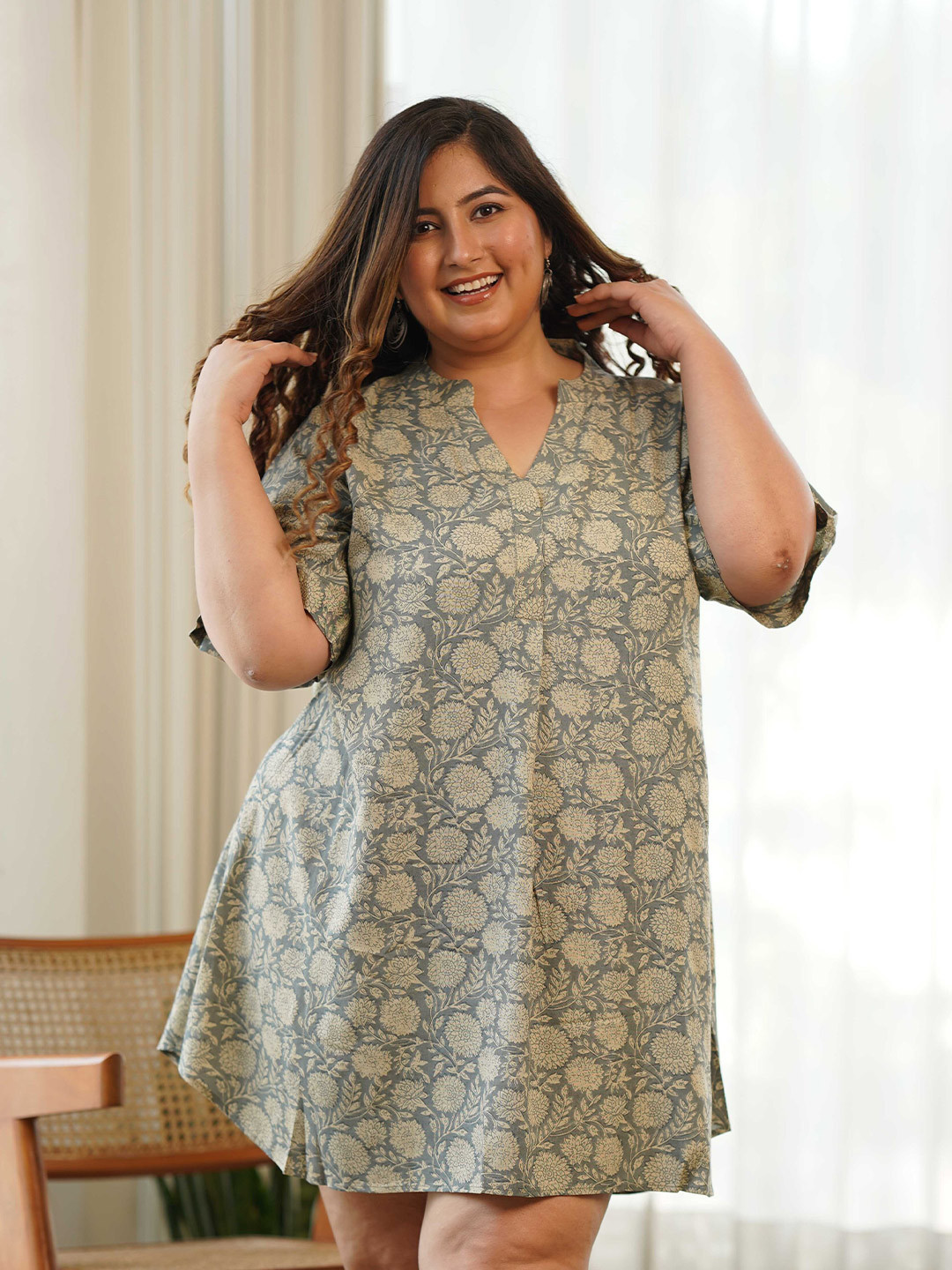 NANGALIA RUCHIRA Plus Size Floral Printed Mandarin Collar Modal A-Line Mini Dress