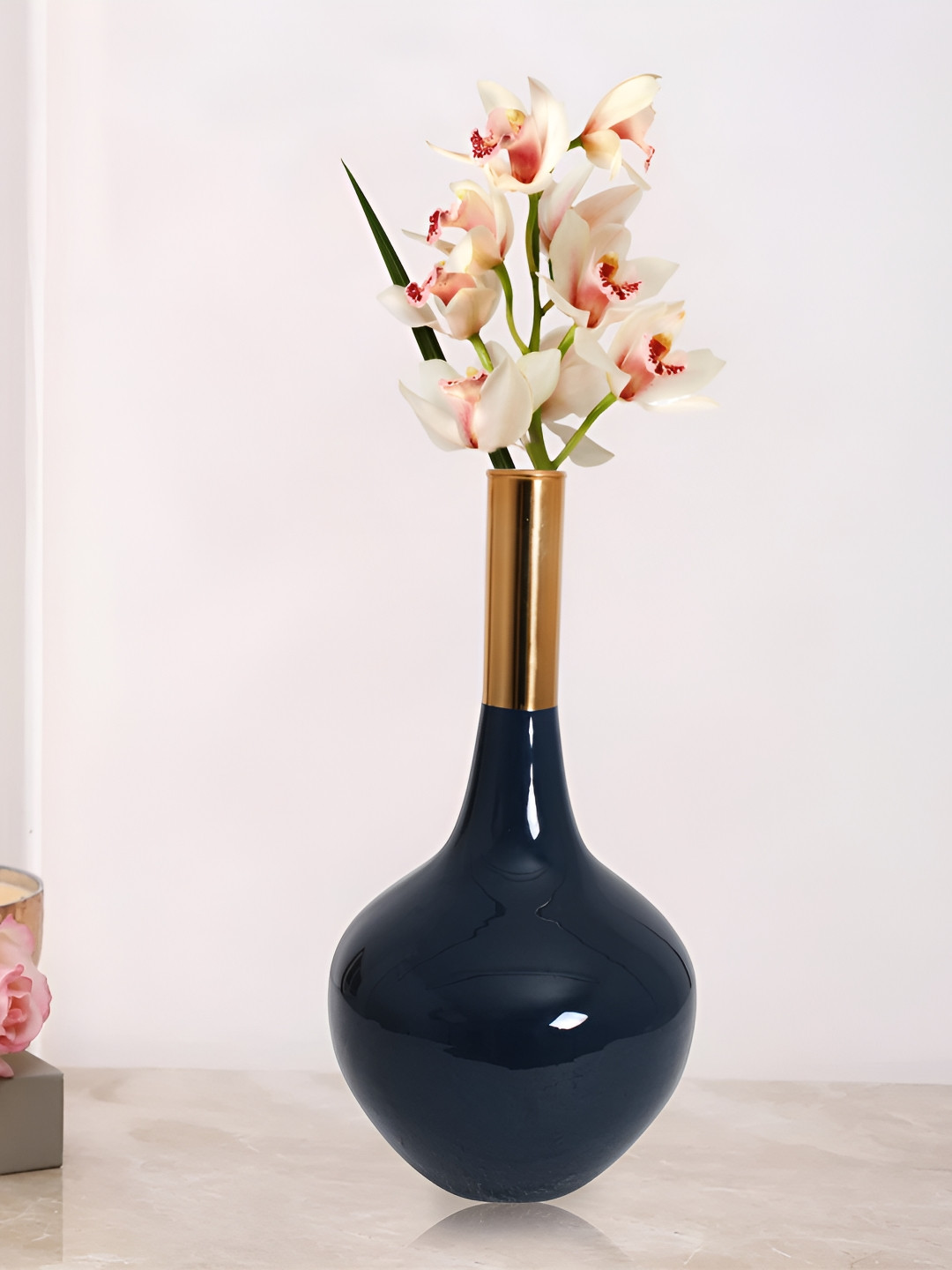 Decor de Maison Teal & God Toned Blue Brass Flower Vase