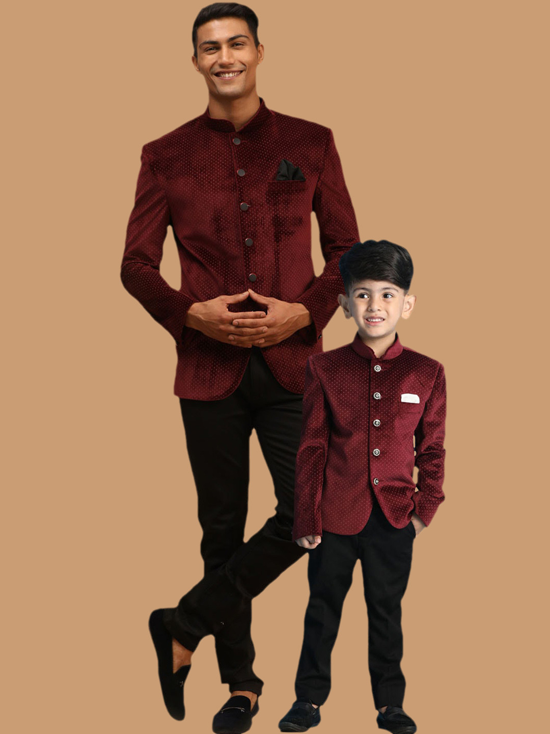 VASTRAMAY Polka Dot Printed Slim Fit Single Breasted Bandhgala Velvet Blazer