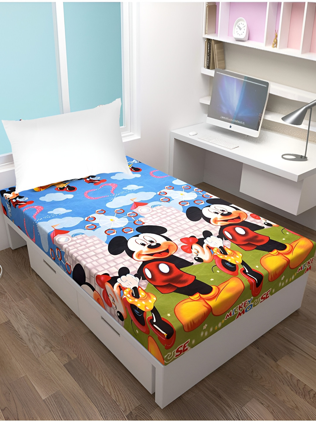 Supreme Home Collective Green Cartoon Characters Microfiber 144 TC Single Bedsheet with a Pillow Cover-59 x 87 inches