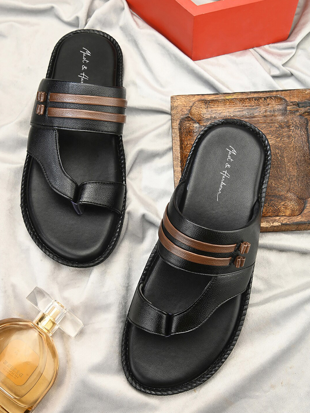 Mast & Harbour Men Black One Toe Comfort Sandals
