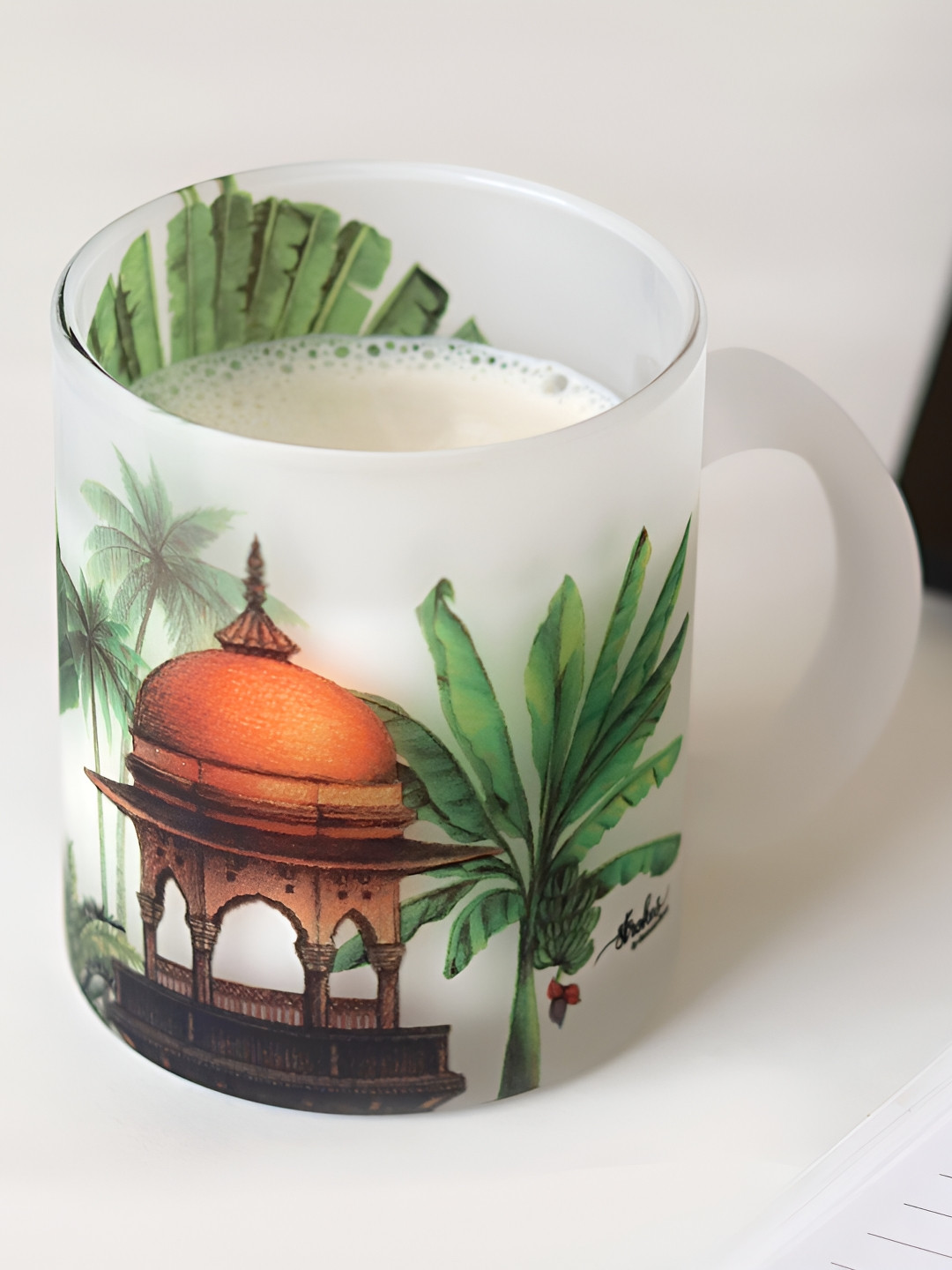 Strokes by Namrata Mehta White & Green Floral Printed Royal Elephant Frosted Glass Mug