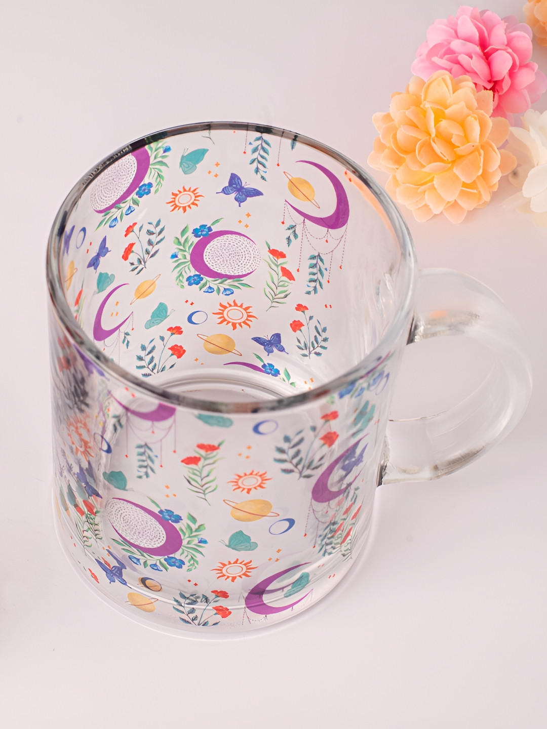 Strokes by Namrata Mehta Purple Floral Glass Transparent Mug 350 ml