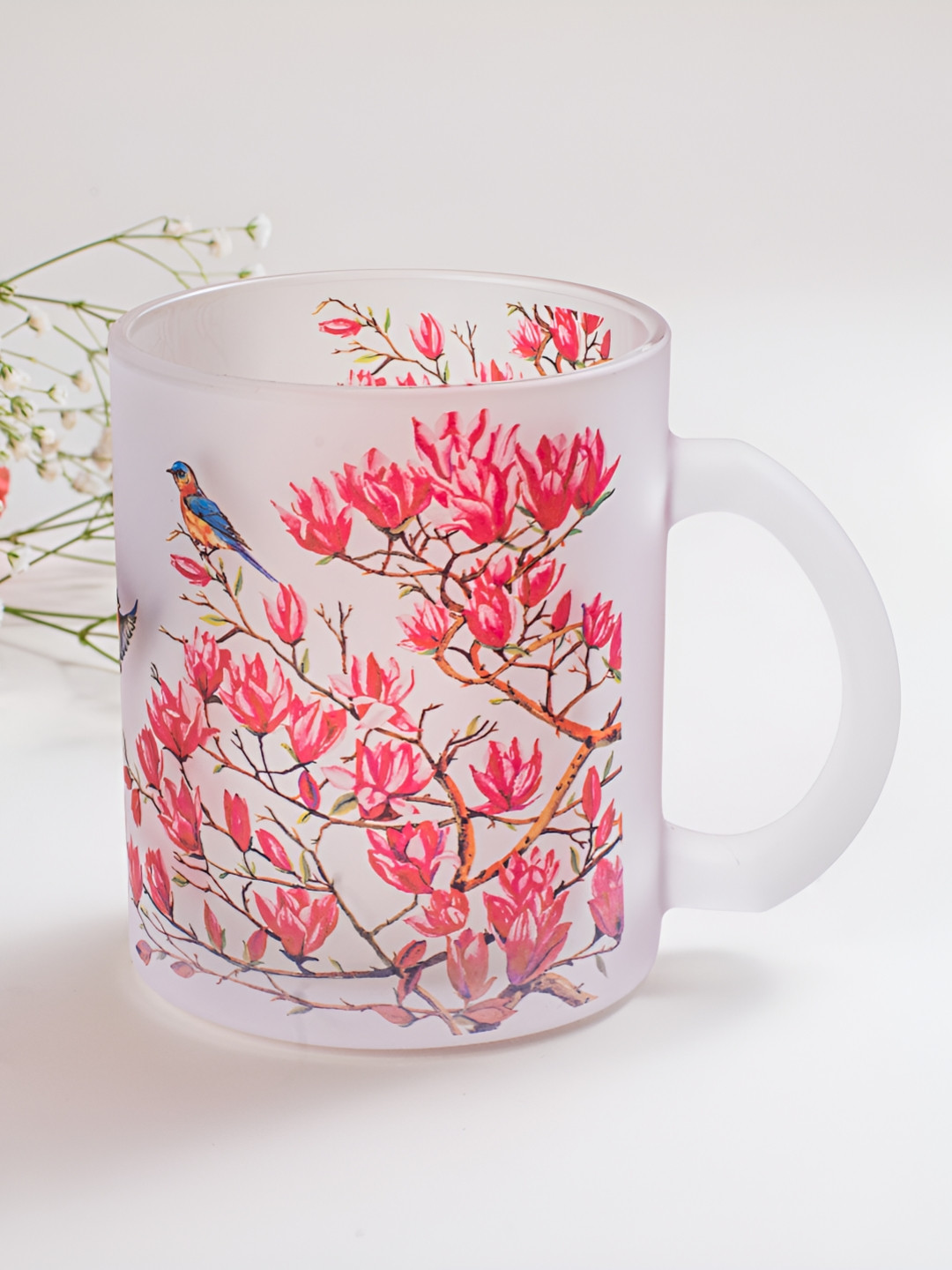 Strokes by Namrata Mehta Pink and Blue Magnolias Frosted Floral Printed Glass Mugs 350ml