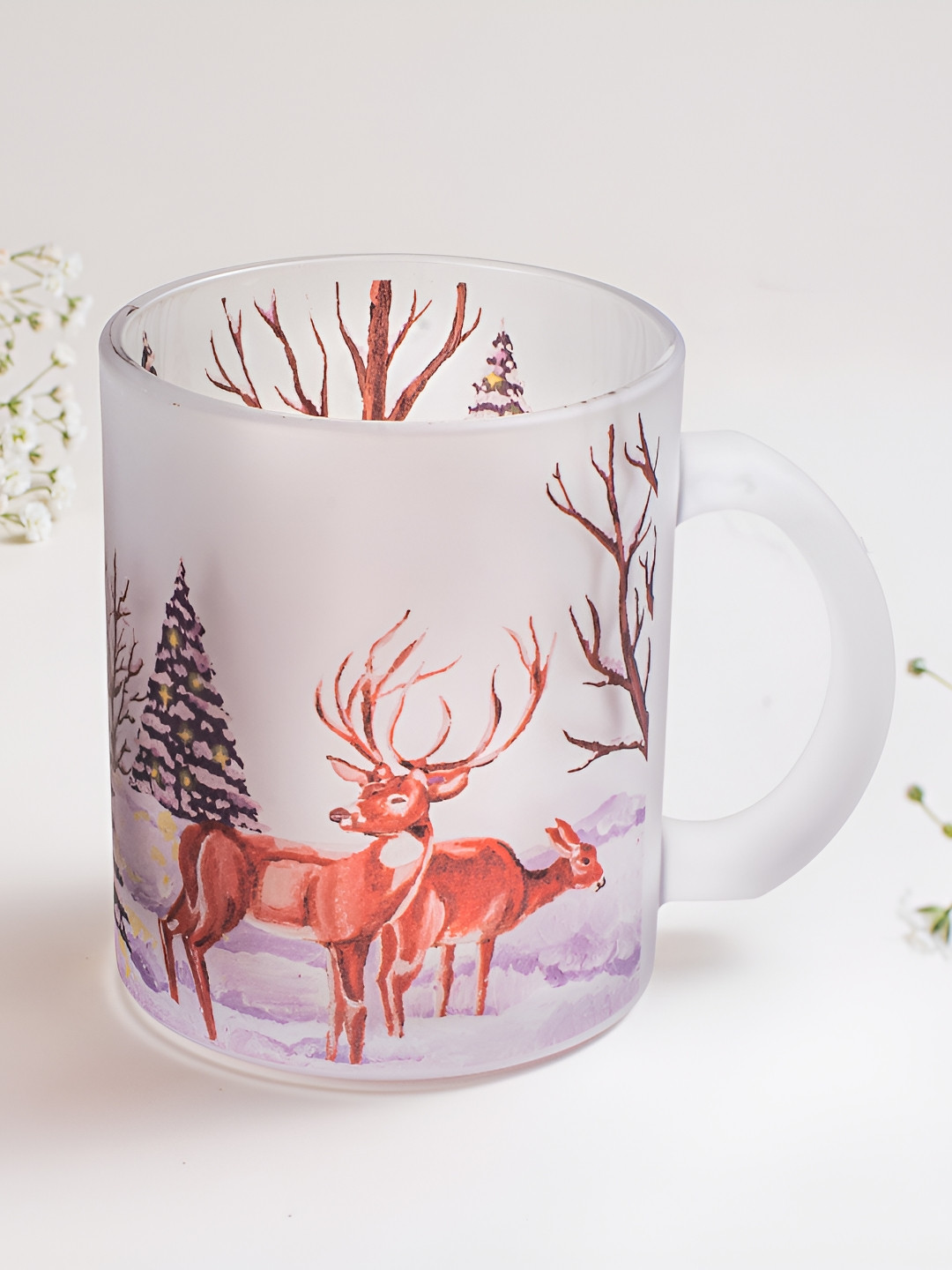 Strokes by Namrata Mehta Brown Floral Printed Christmas Frosted Glass Mug