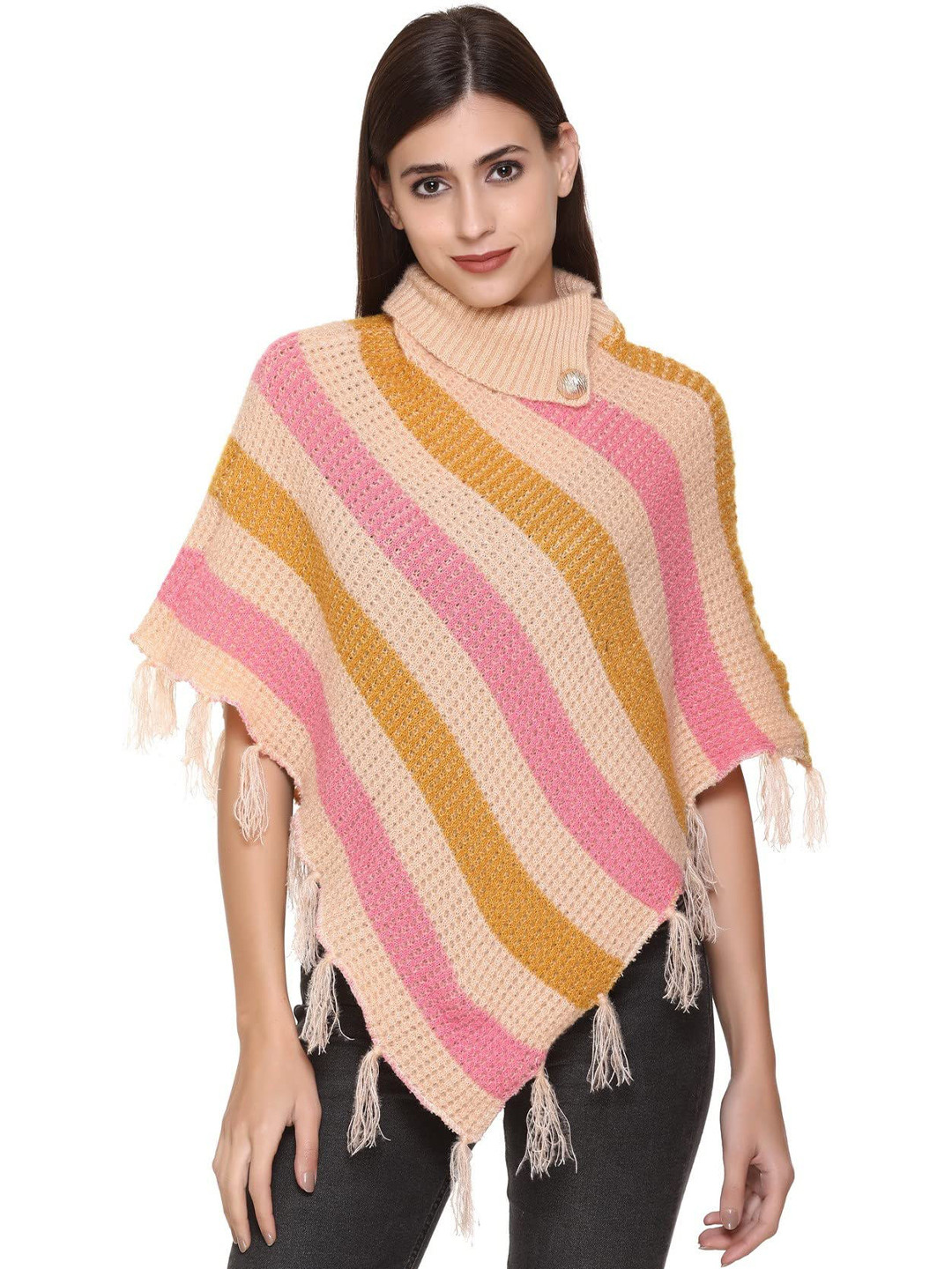 BAESD Striped Turtle Neck Woollen Poncho Sweater