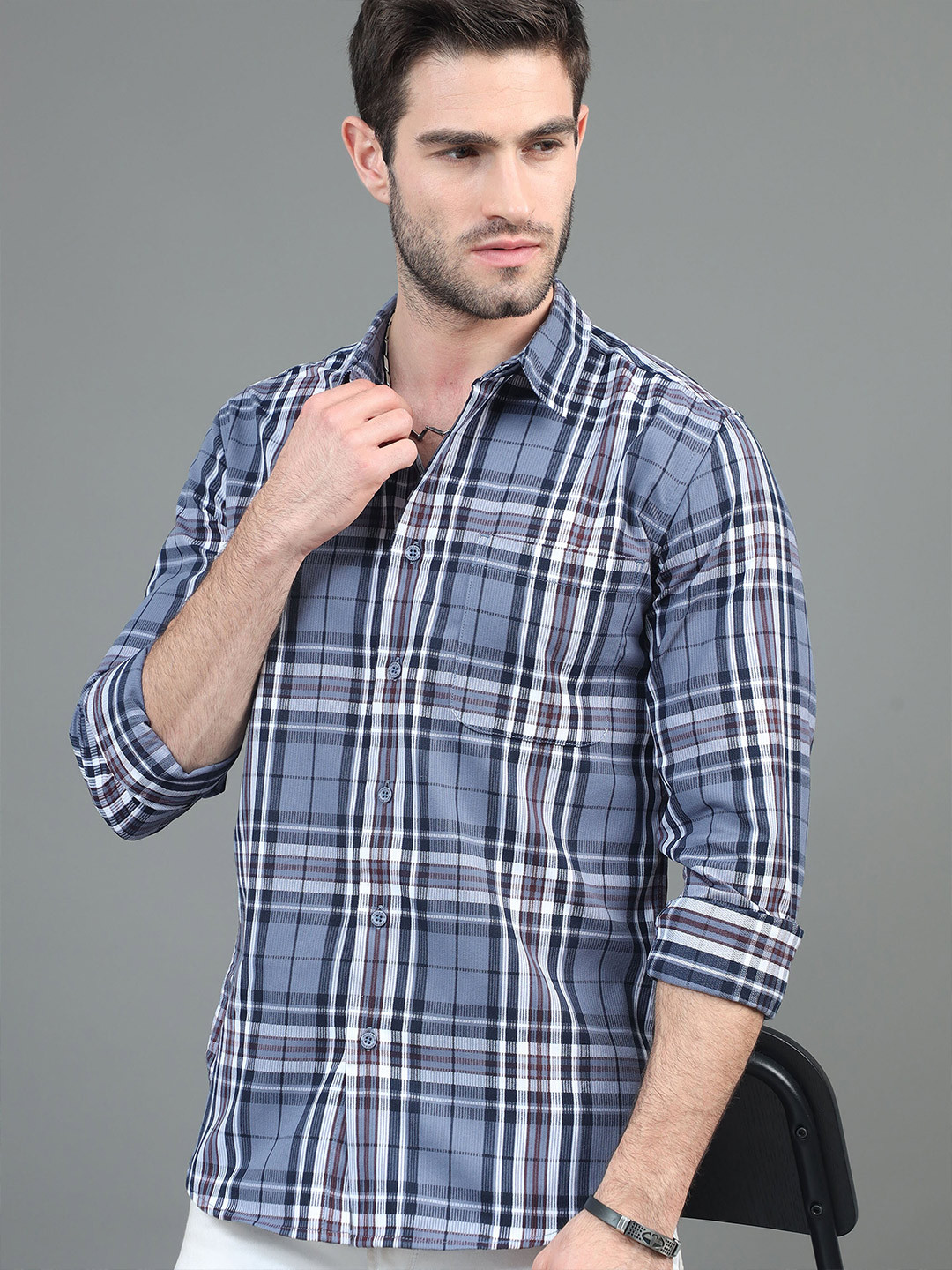 HERE&NOW Blue & White Slim Fit Tartan Checks Casual Shirt