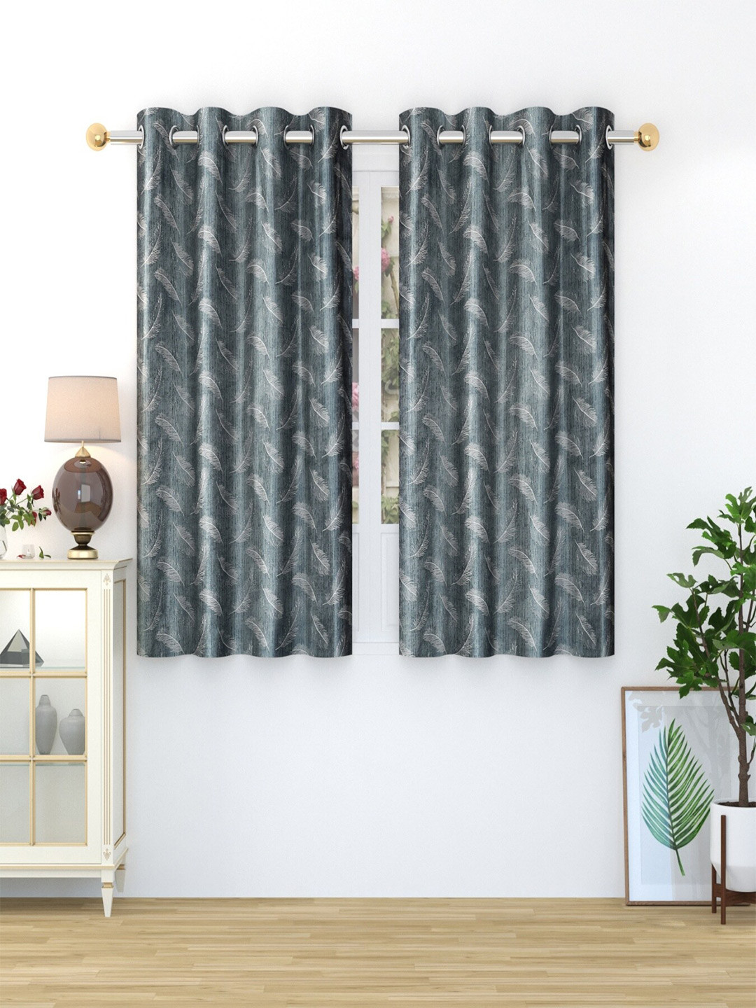 Aura Grey 2 Pieces Floral Eyelet Curtains
