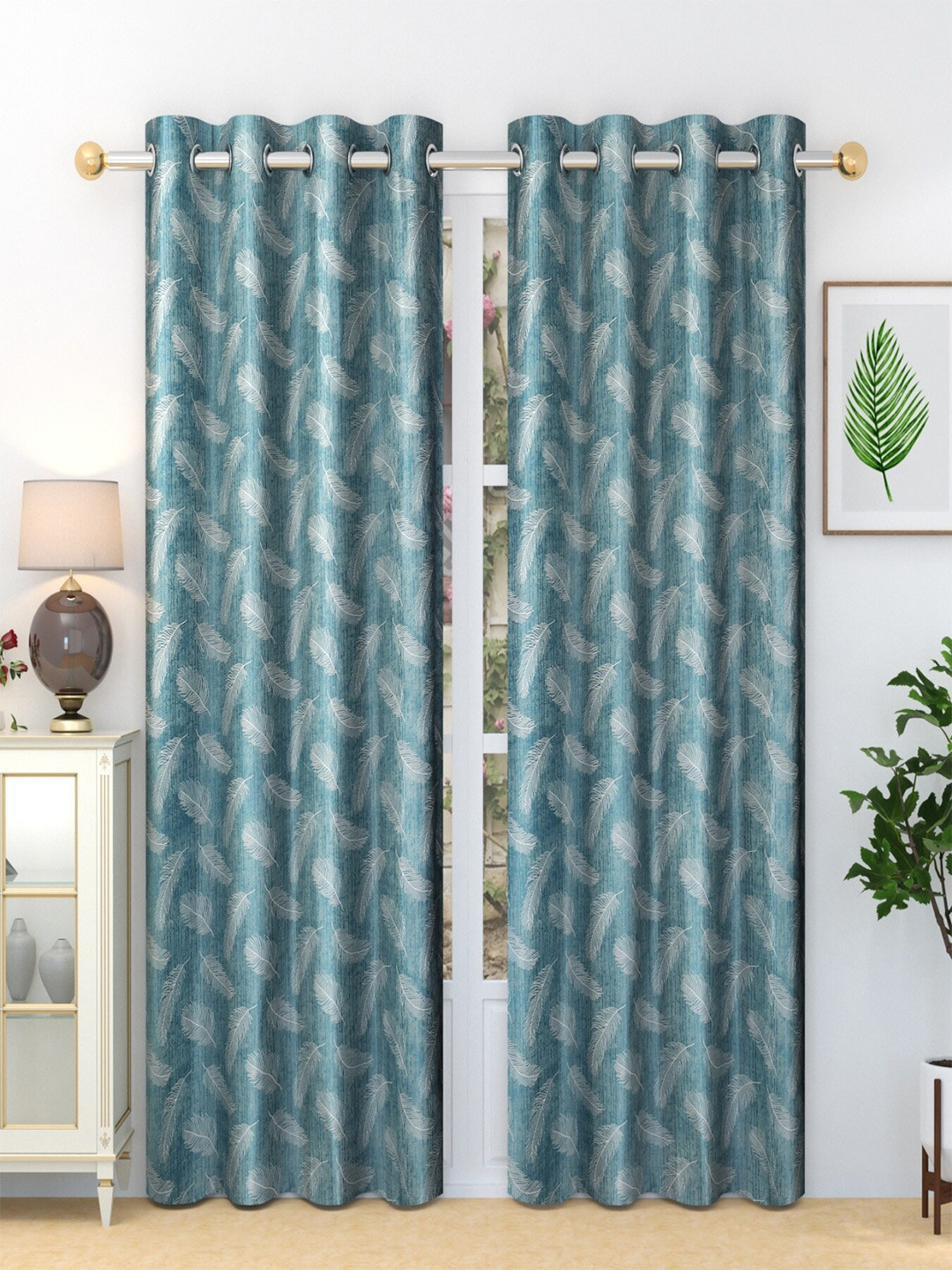 Aura Blue 2 Pieces Floral Eyelet Long Door Sheer Curtains