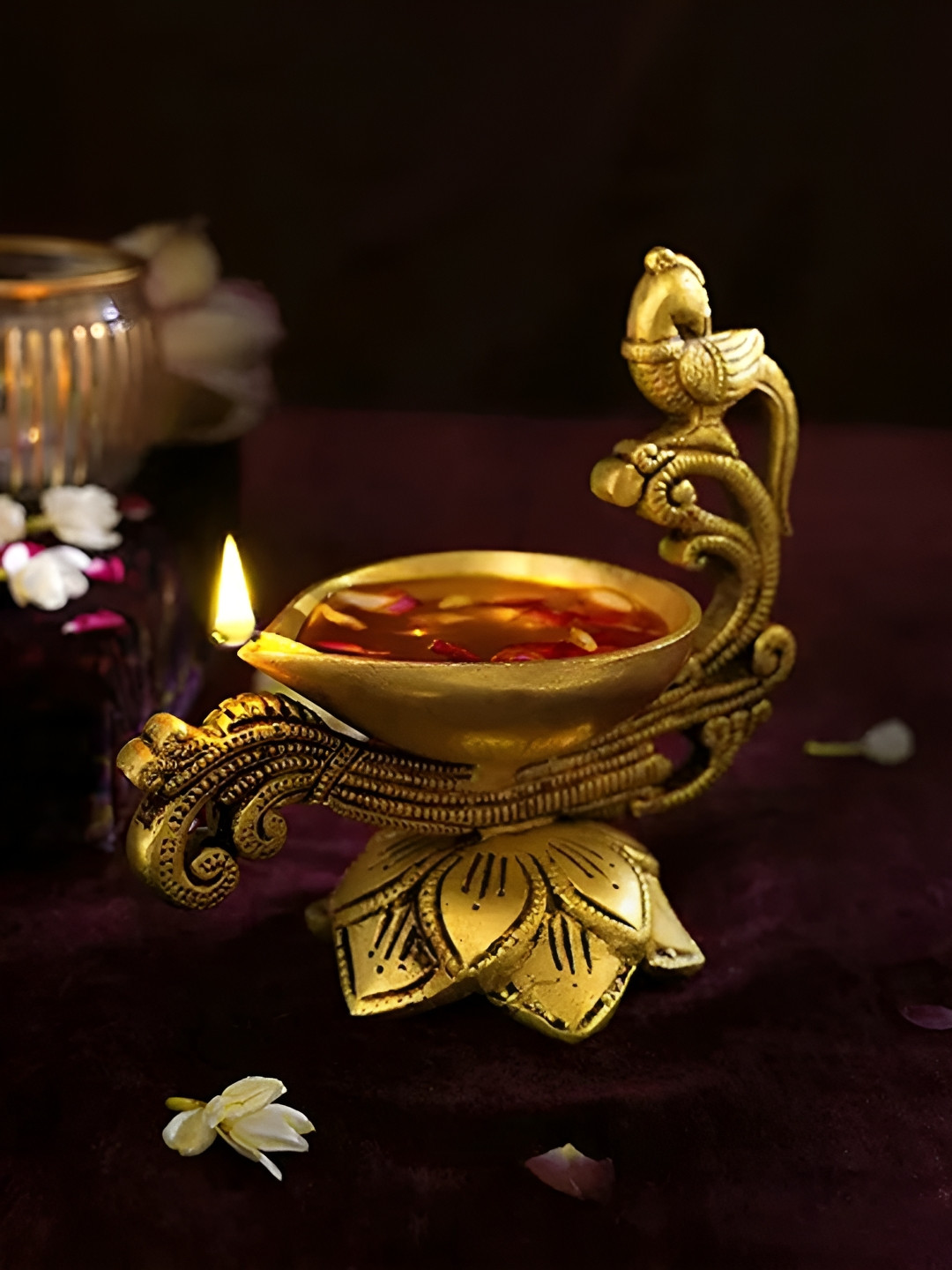 acraftsindia Gold Toned Textured Brass Lotus Diya