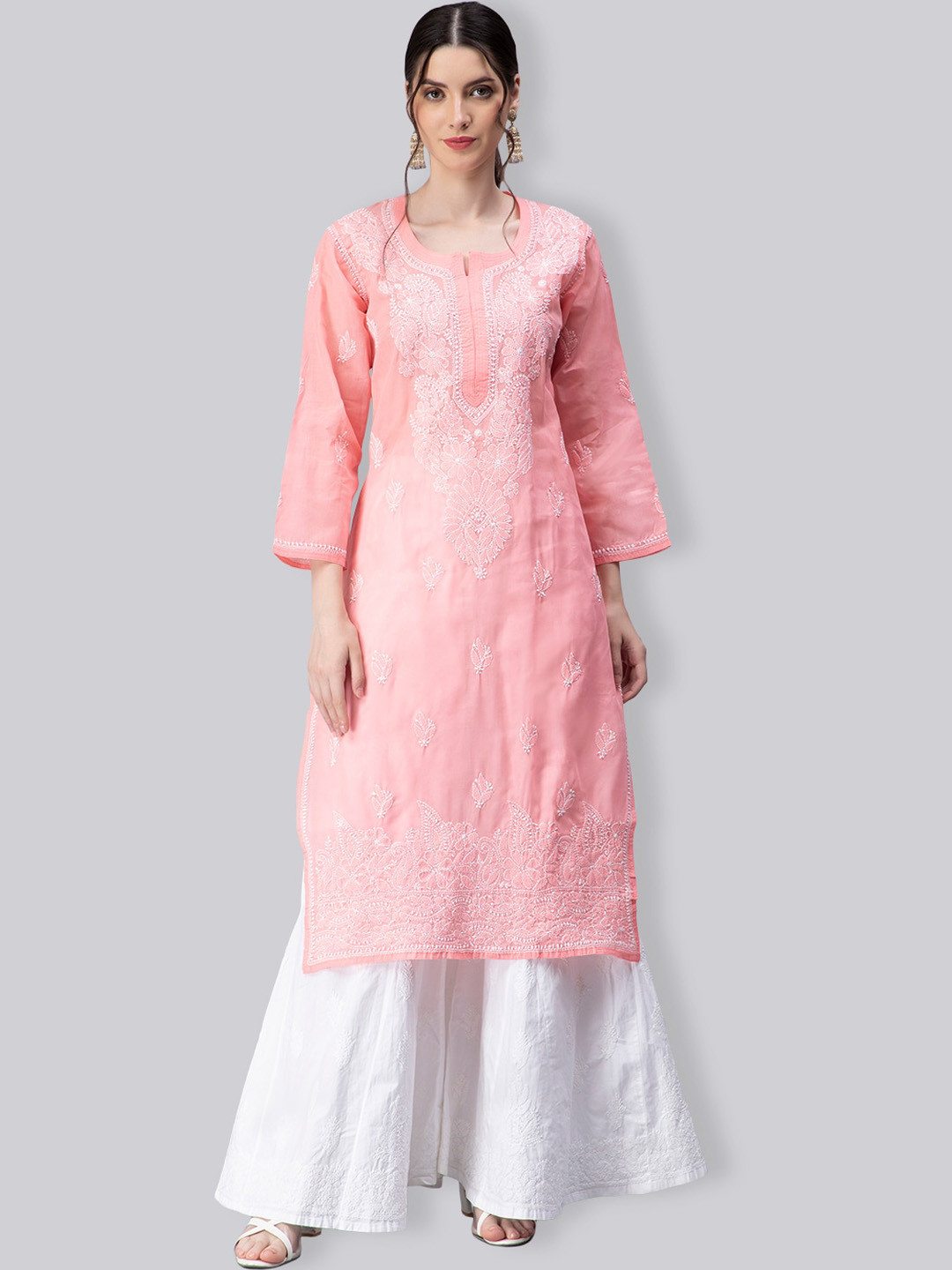 Seva Chikan Ethnic Motifs Embroidered Lucknowi Chikankari Voile Straight Kurta
