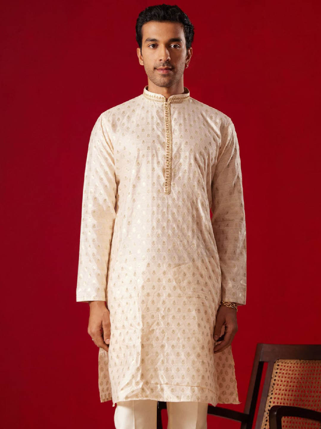 VASTRAMAY Ethnic Motifs Woven Design Mandarin Collar Jacquard Kurta