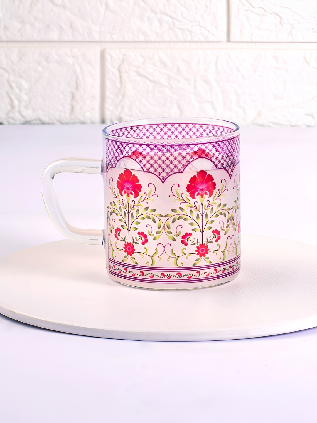 Strokes by Namrata Mehta Red 6 Pieces Floral Printed Glass Transparent Mug 190 ml