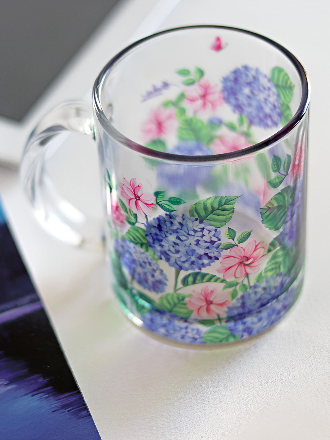Strokes by Namrata Mehta Ashvath Blue Floral Glass Microwave Safe Mug-350ml