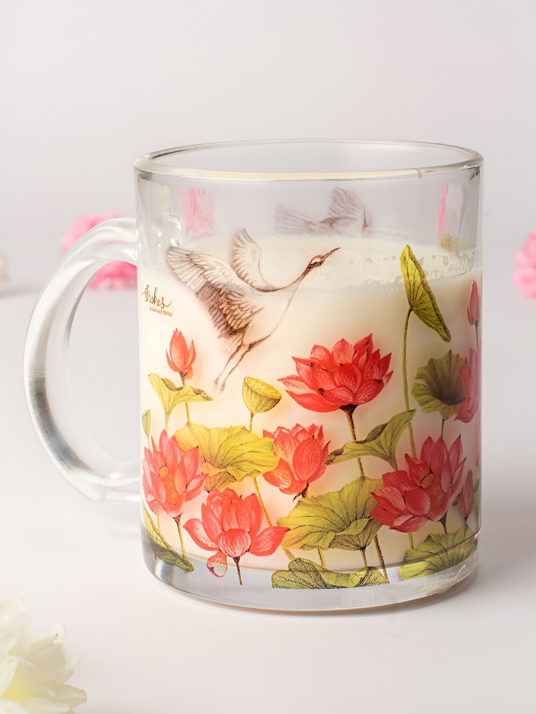 Strokes by Namrata Mehta Valentine Day Pink Floral Glass Handmade Mug-350ml