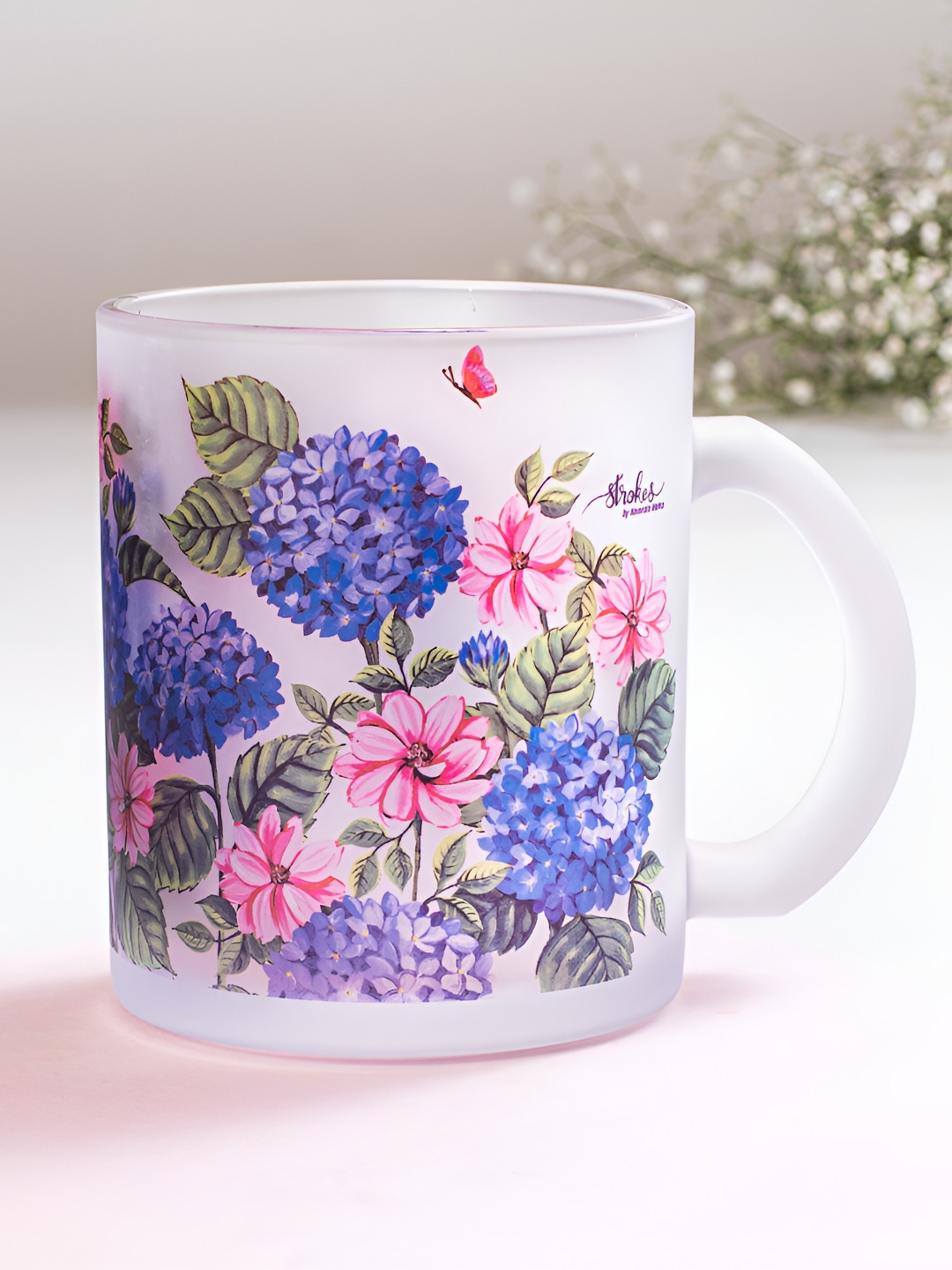 Strokes by Namrata Mehta Blue Green Hydrangea Printed Frosted Glass Mug 350 ml