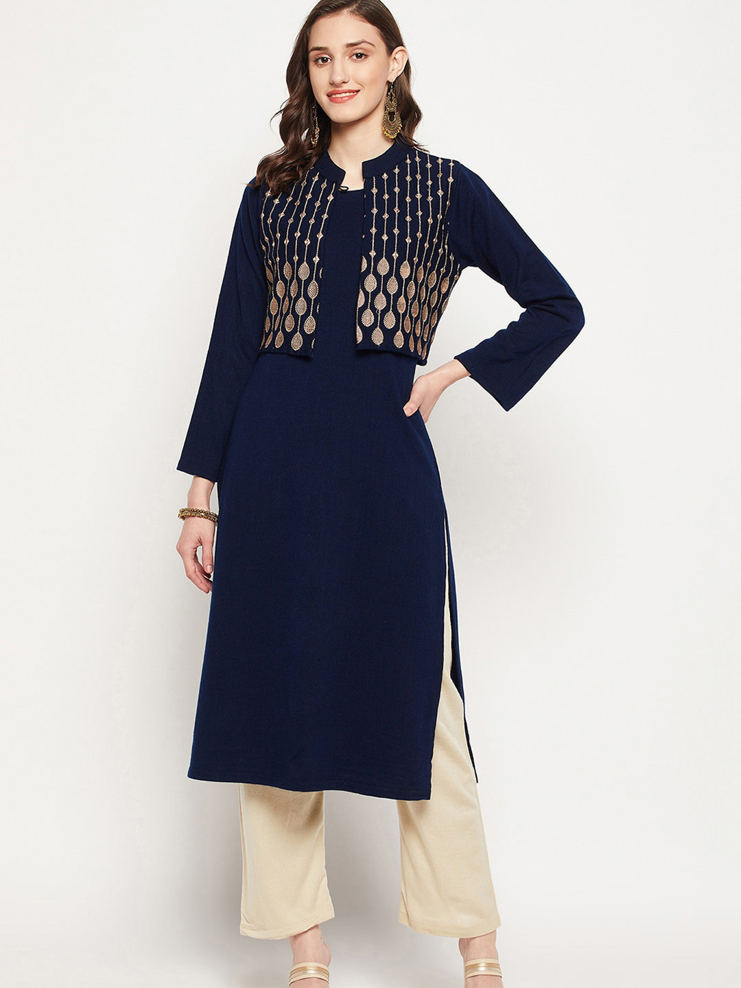 Zigo Winter Wear Round Neck Cotton Wool Straight Kurta With Jacket