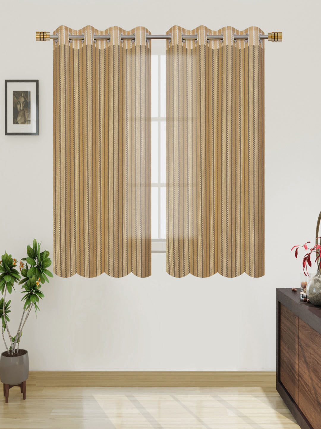 Aura Gold-Toned 2 Pieces Striped Sheer Window Curtains