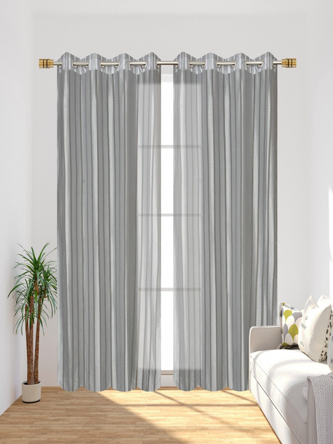 Aura Grey 2 Pieces Striped Sheer Long Door Curtains