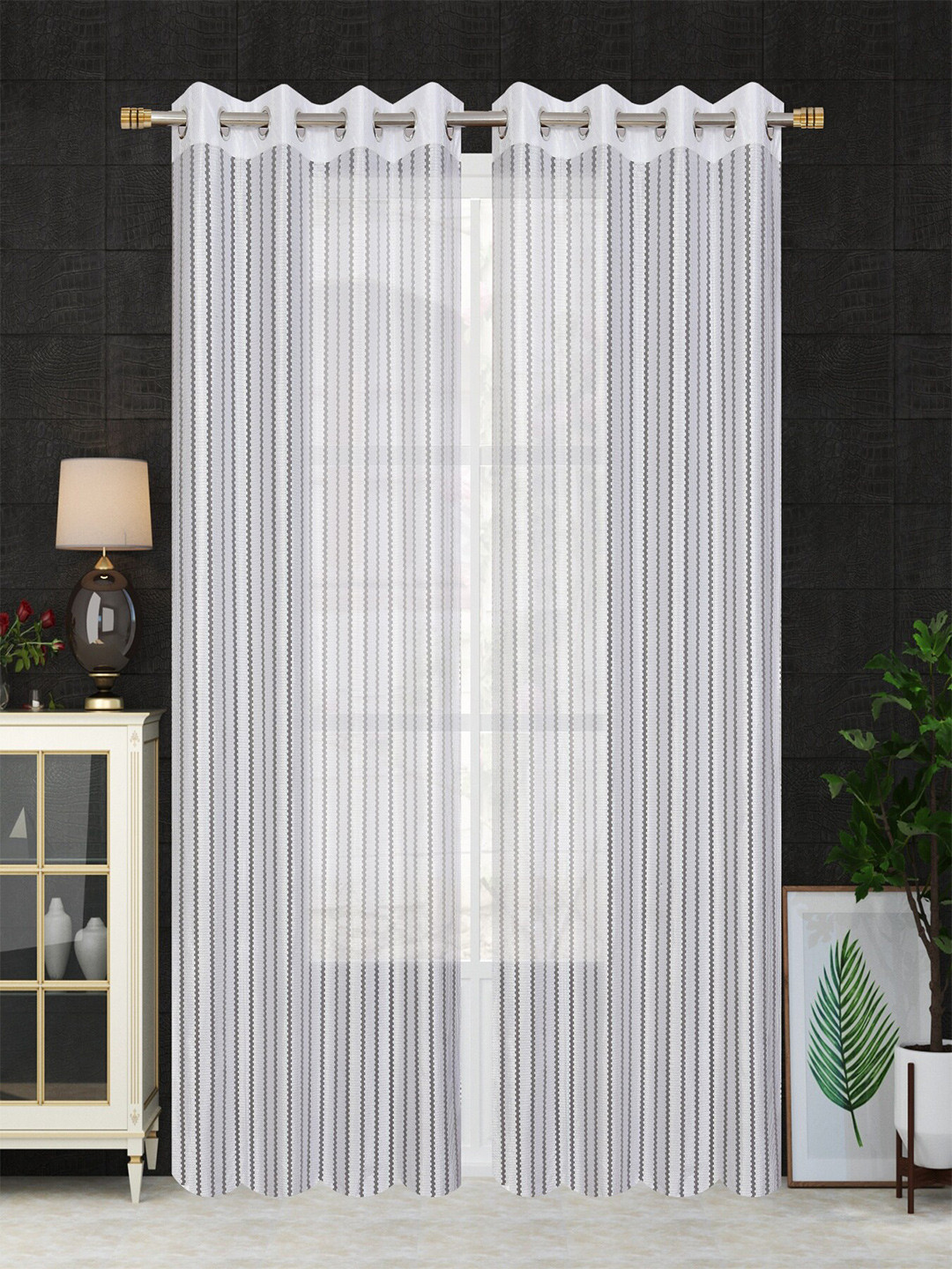 Aura White 2 Pieces Striped Sheer Door Curtains