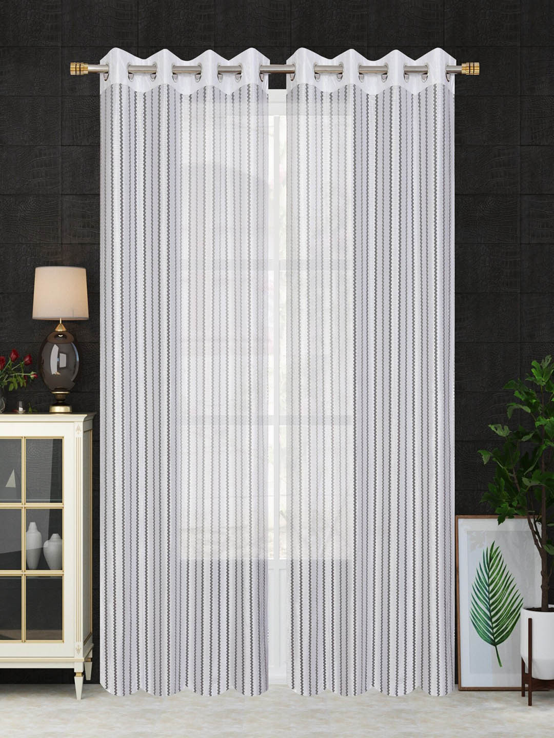 Aura White & Grey 2 Pieces Textured Sheer Window Curtains
