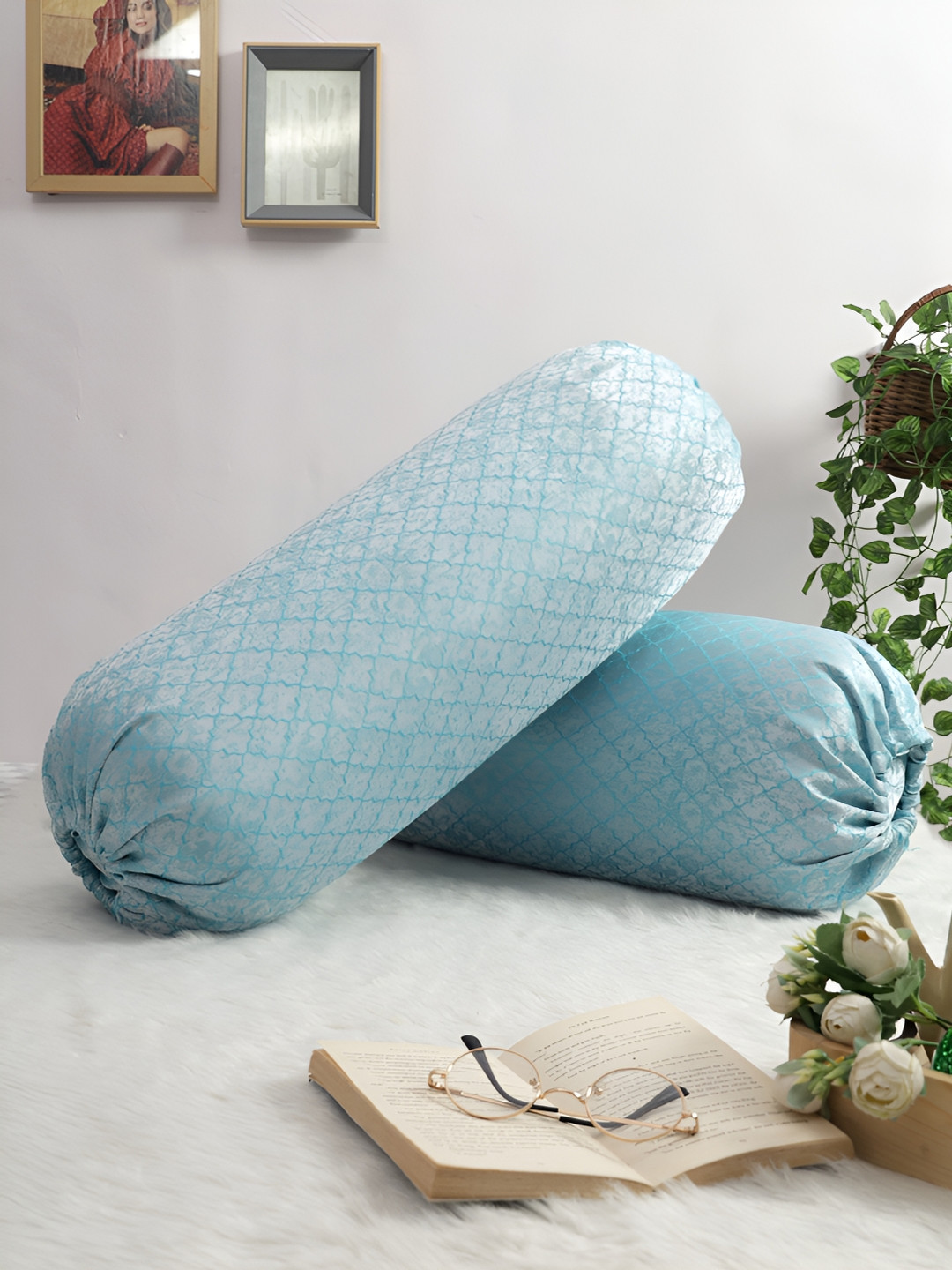 THE CONVERSION Aqua Blue 2 Pieces Geometric Bolster Covers