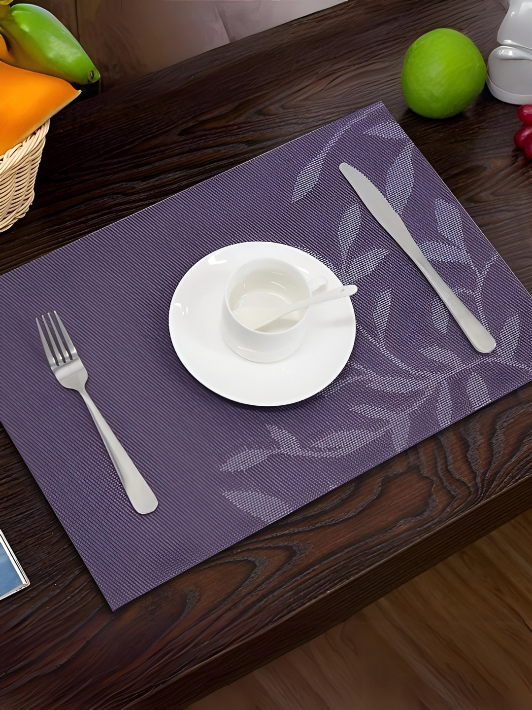 YELONA Purple & Grey 6 Pieces Leaf Printed Rectangular Table Placemats