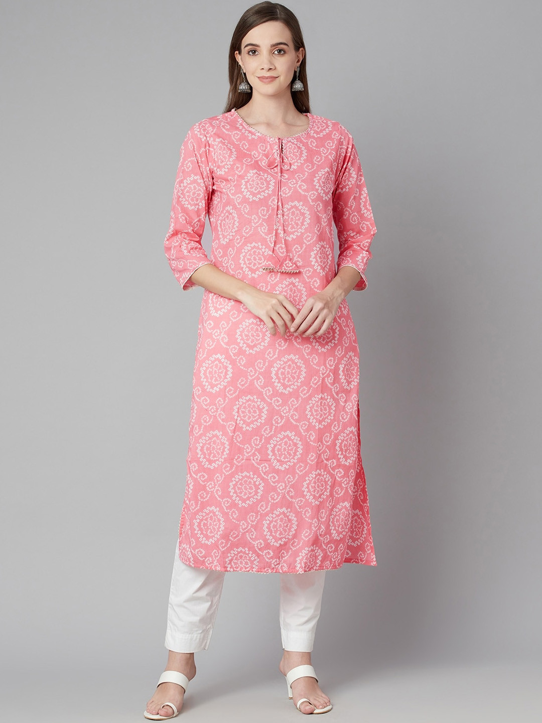 KALINI Bandhani Printed Tie-Up Neck Cotton Straight Kurta