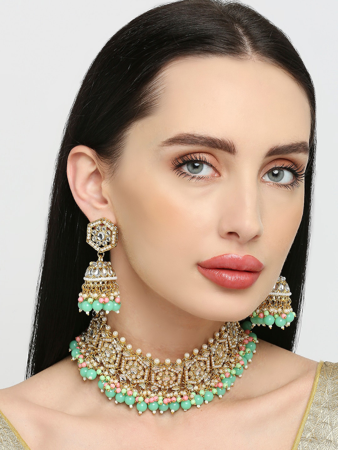 OOMPH Kundan-studded &  Beaded Jadau Necklace and Jhumkas