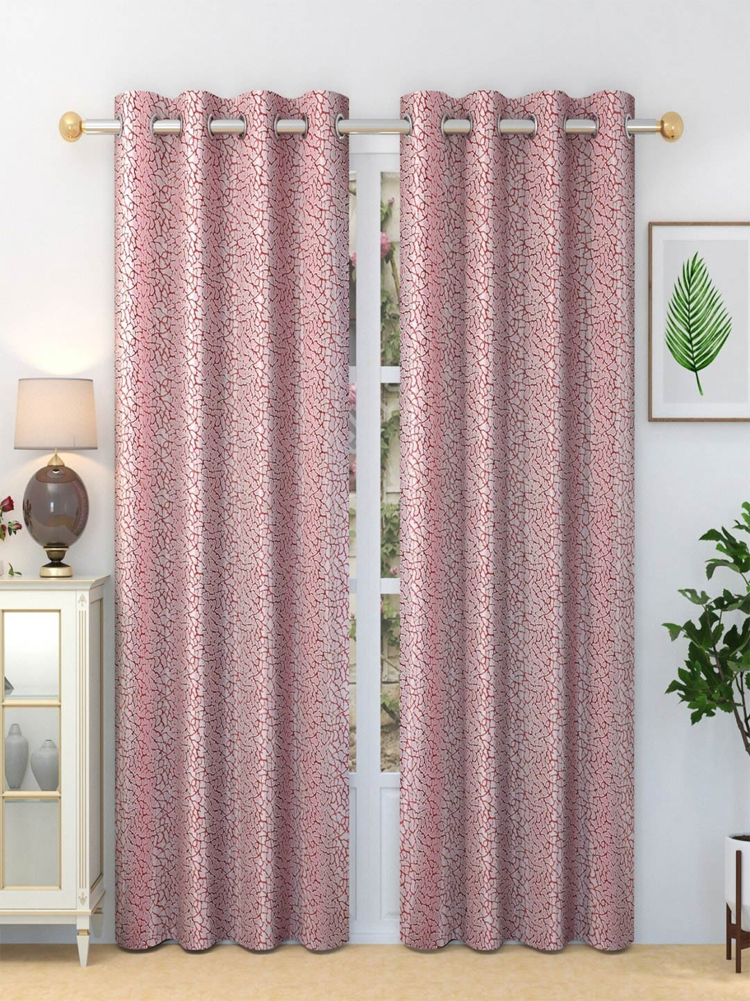 Aura Pink & Maroon 2 Pieces Printed Grommet Long Door Curtain