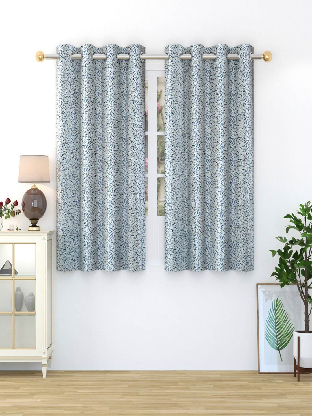 Aura Gray & Blue 2 Pieces Printed Window Curtains
