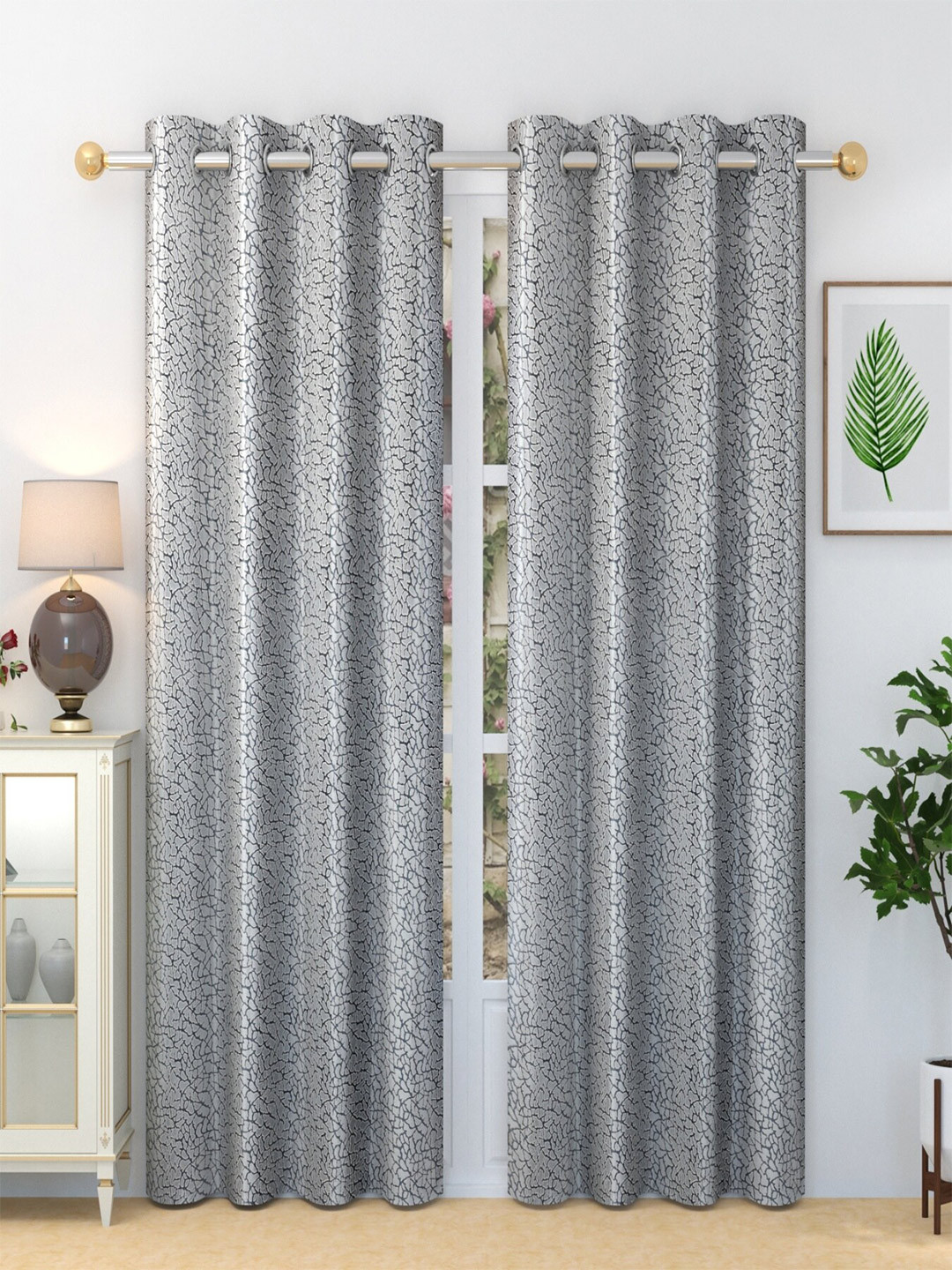Aura Grey 2 Pieces Printed Grommet Long Door Curtain