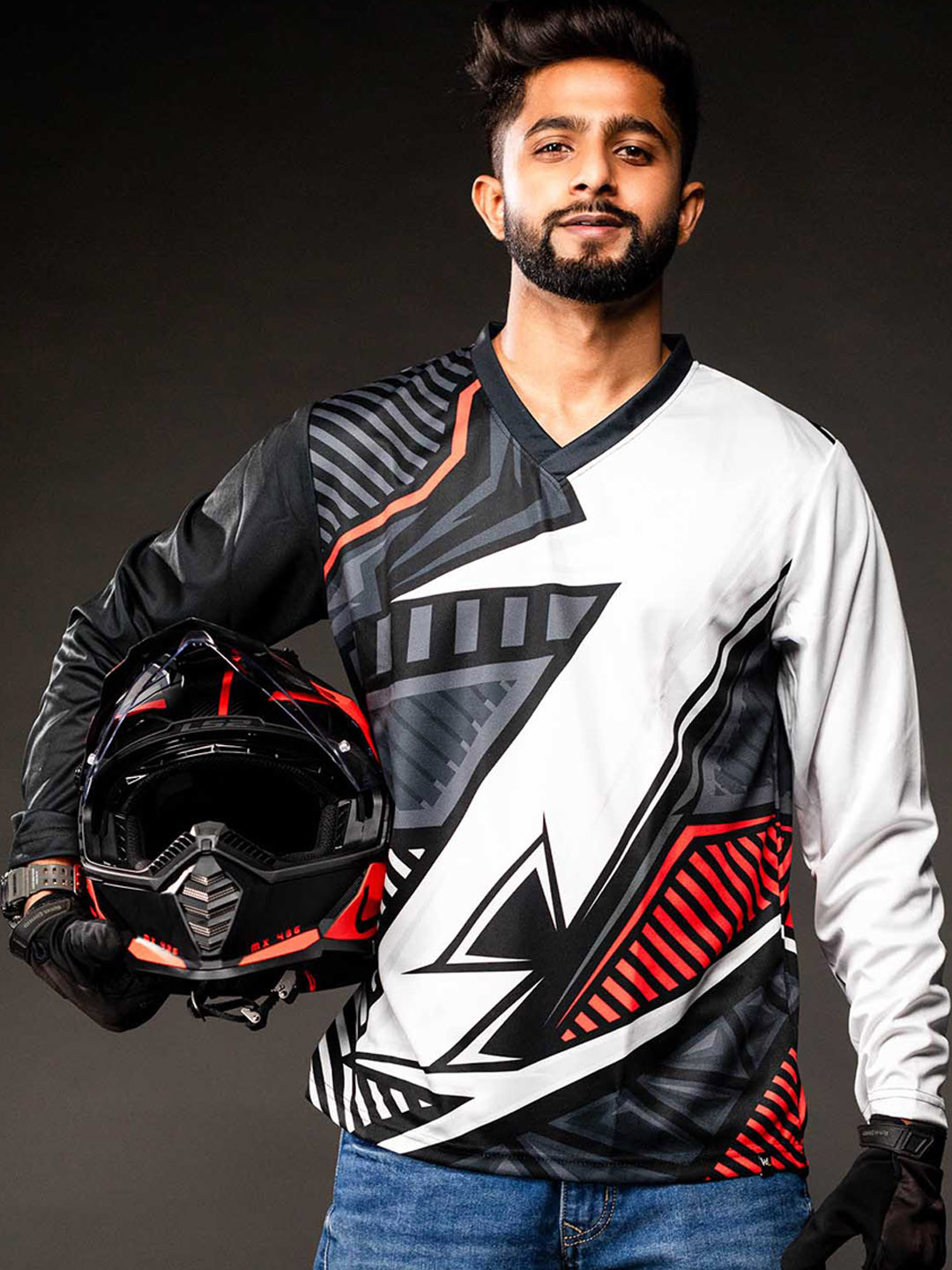 WANDERLOOMS Biker Printed V-Neck Long Sleeves Biker T-Shirt