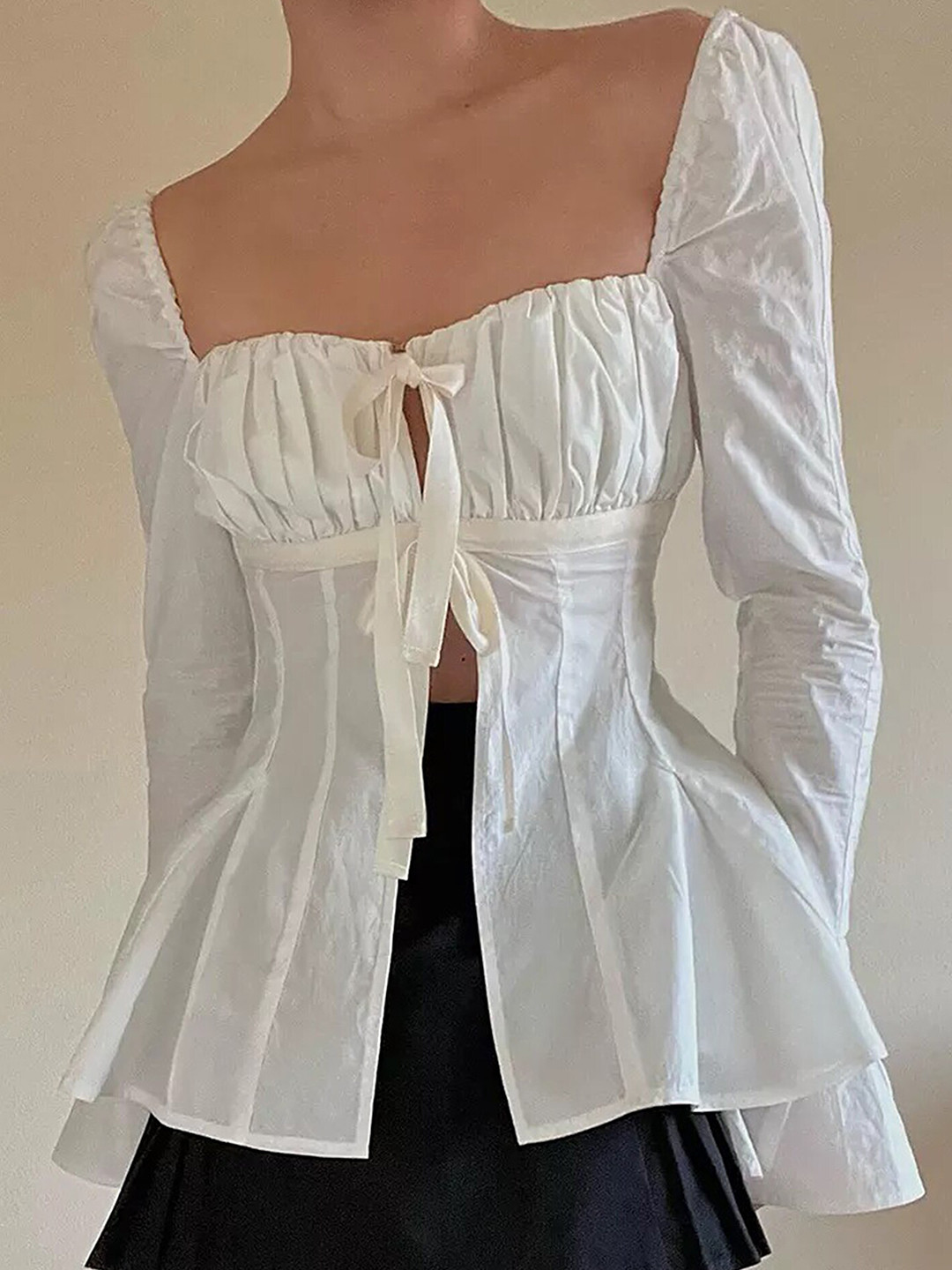 LULU & SKY Women Tie-Up Neck Long Sleeve Bardot Top