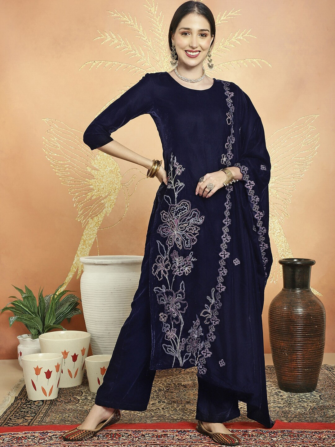 Stylee LIFESTYLE Floral Embroidered Velvet Unstitched Dress Material