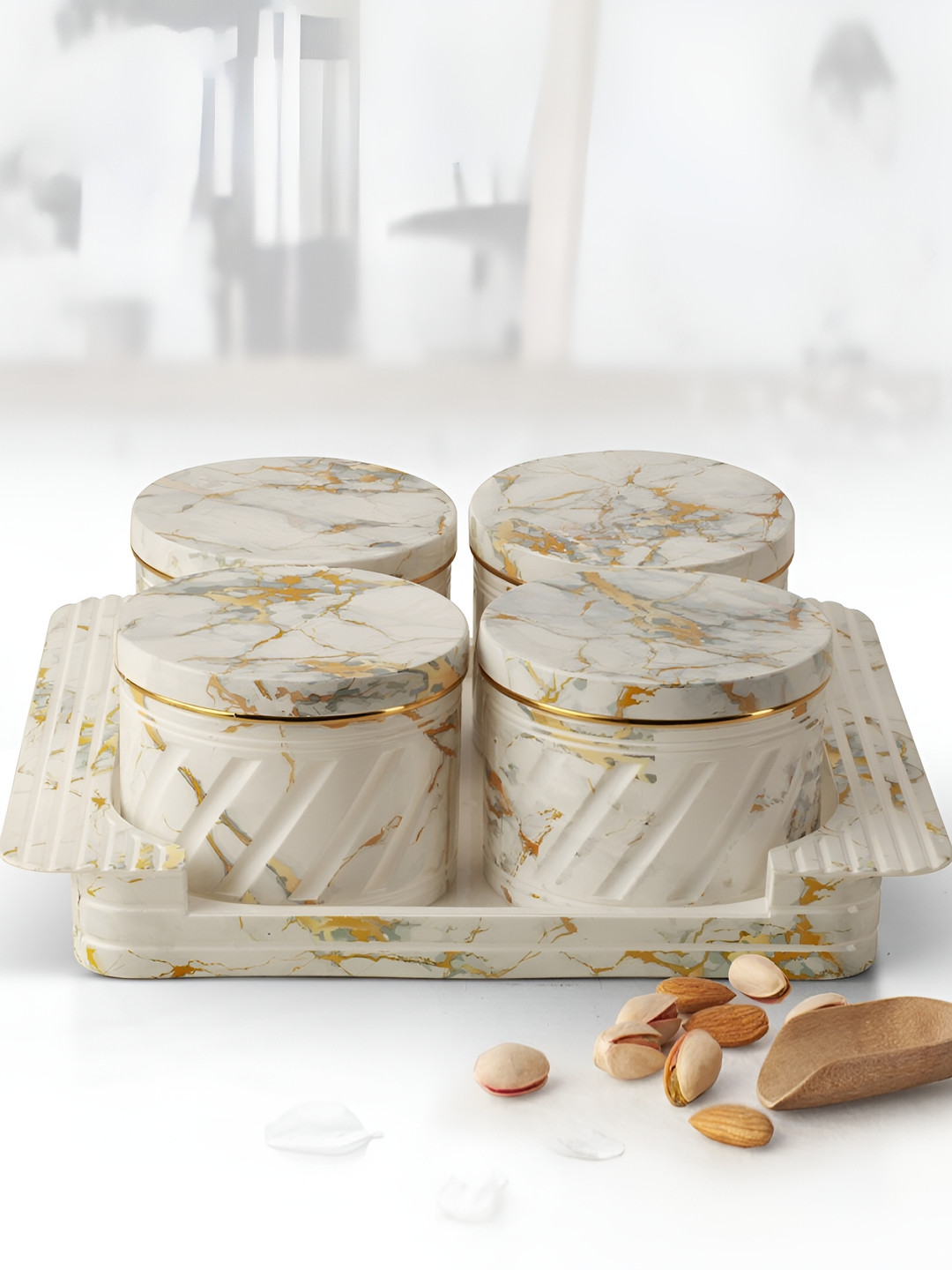 Selvel Italian White Marble Plastic Easy To Clean 4 Piece Clip-On Fridge Container-430ml