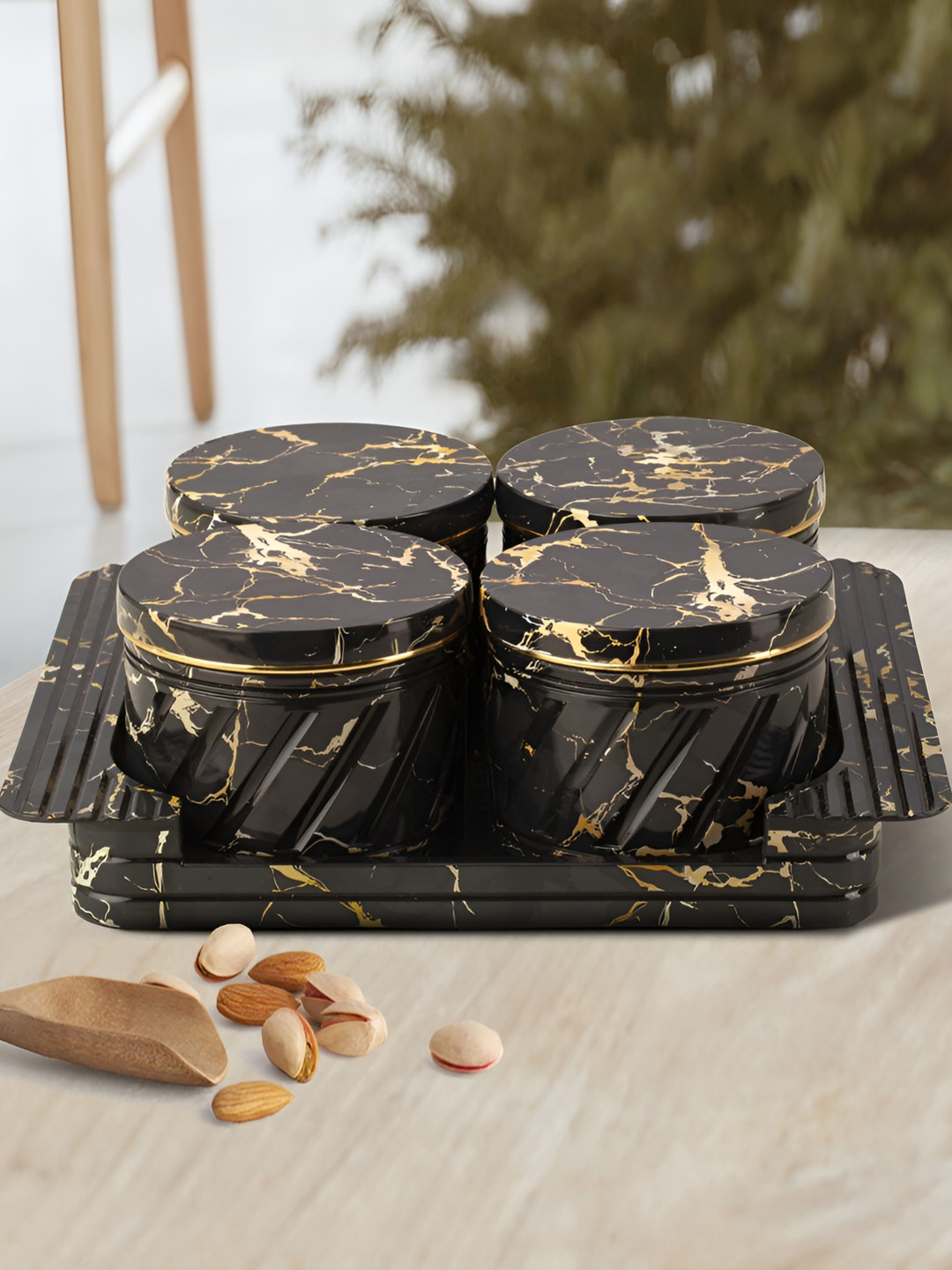 Selvel Italian Black Marble Plastic Easy To Clean 4 Piece Flip Top Fridge Container-430ml