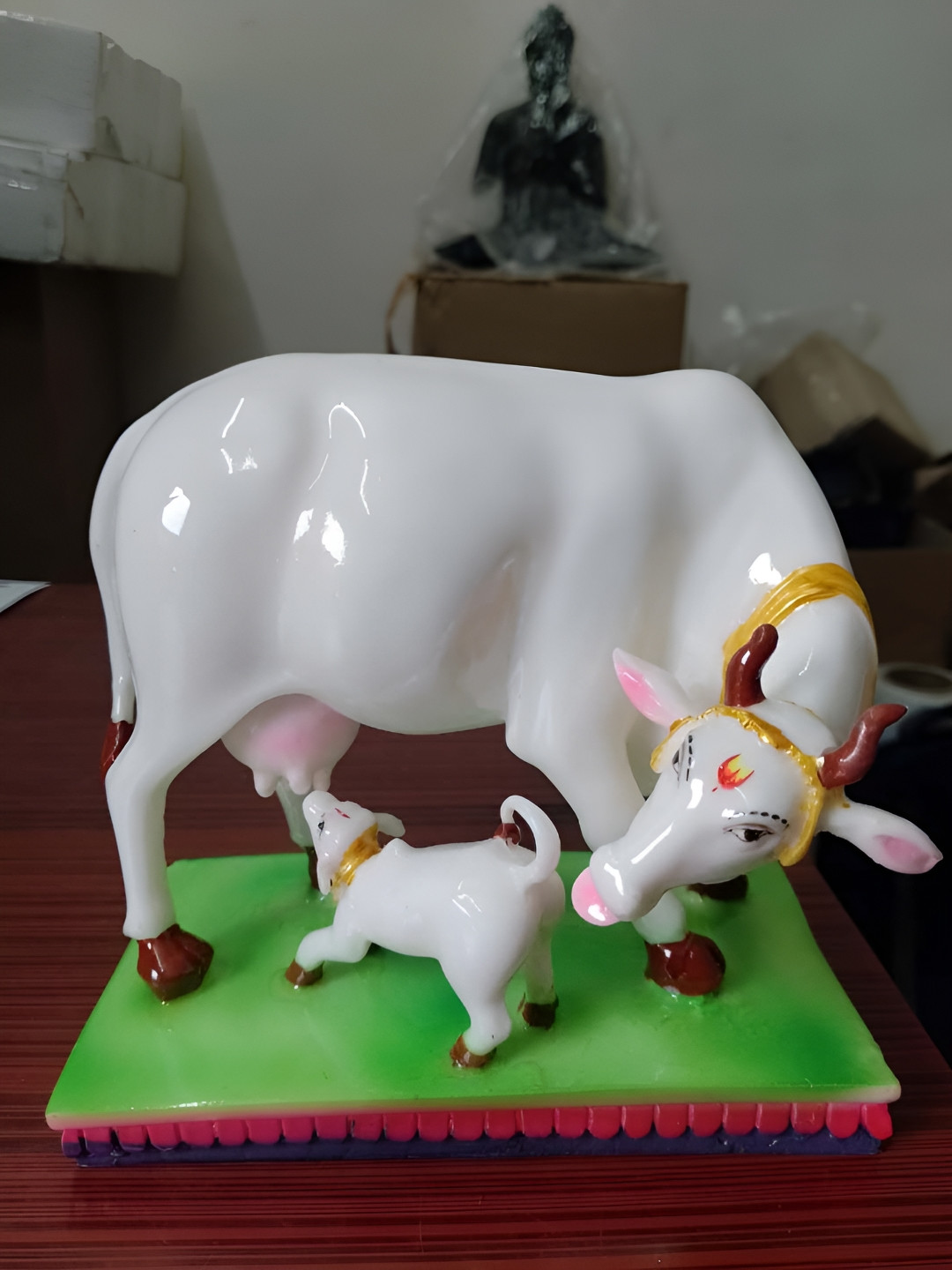 VAMIKA HANDICRAFTS Khamdhenu White Marble Glossy Prayer Room Large Showpiece - 3 Inches