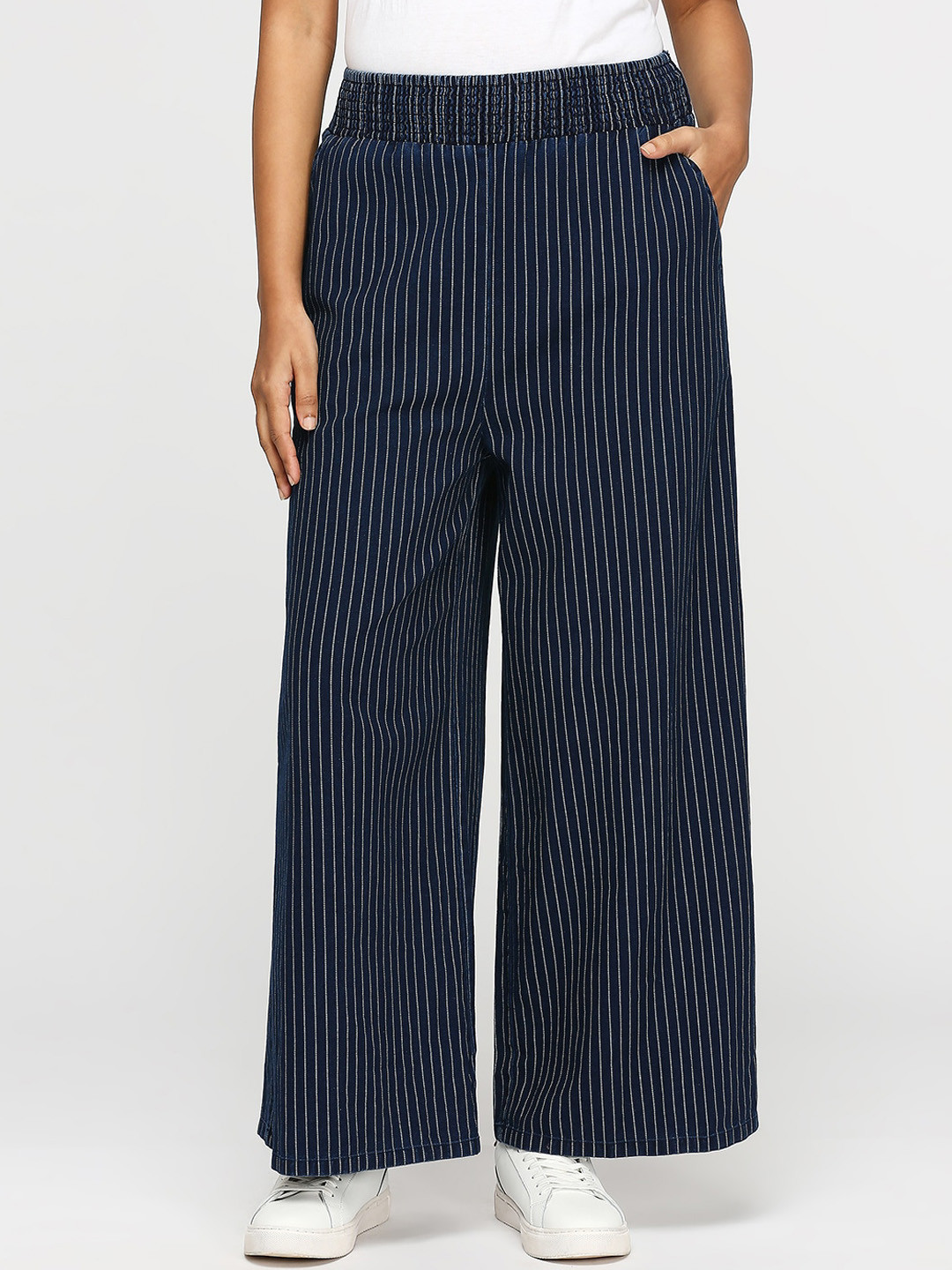 Pepe Jeans Women Striped Comfort Flared High-Rise Pure Cotton Trousers