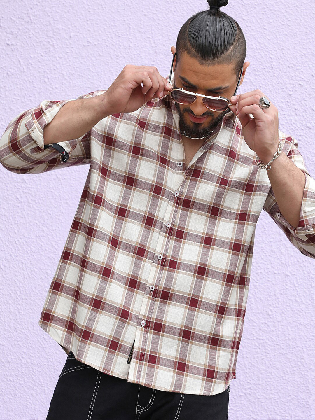 Instafab Plus Classic Shepherd Checked Spread Collar Cotton Casual Shirt