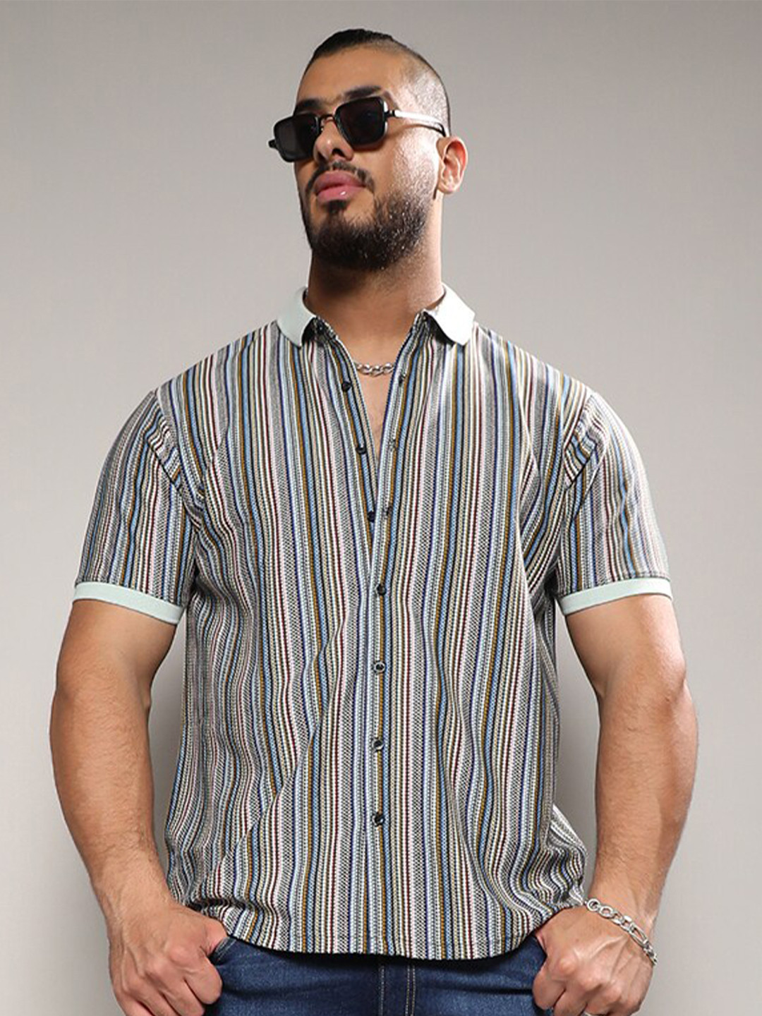 Instafab Plus Classic Multi Stripes Striped Spread Collar Knitted Cotton Casual Shirt