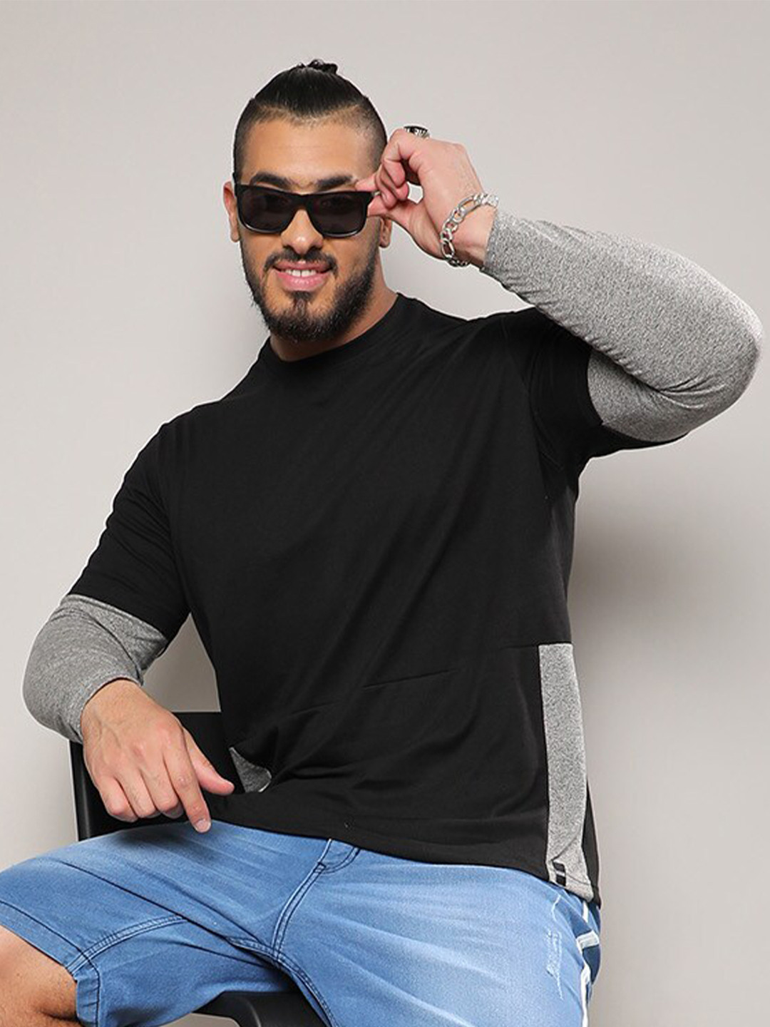 Instafab Plus Colourblocked Long Sleeves Cotton T-shirt