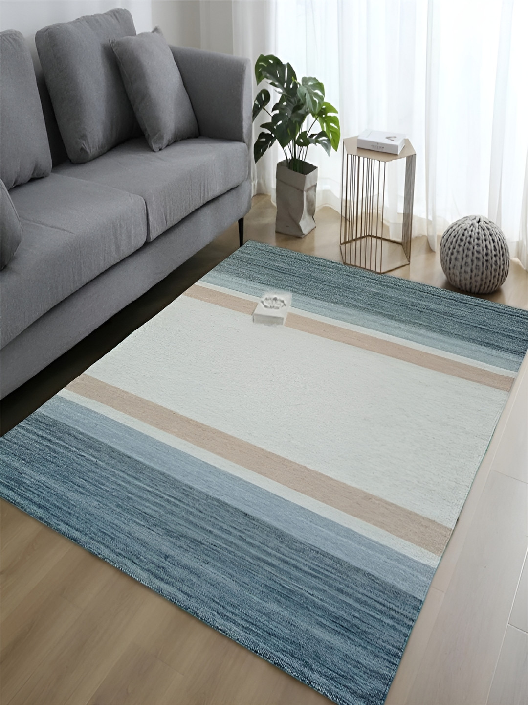 MRIC Off White Striped Handmade Woollen Carpet
