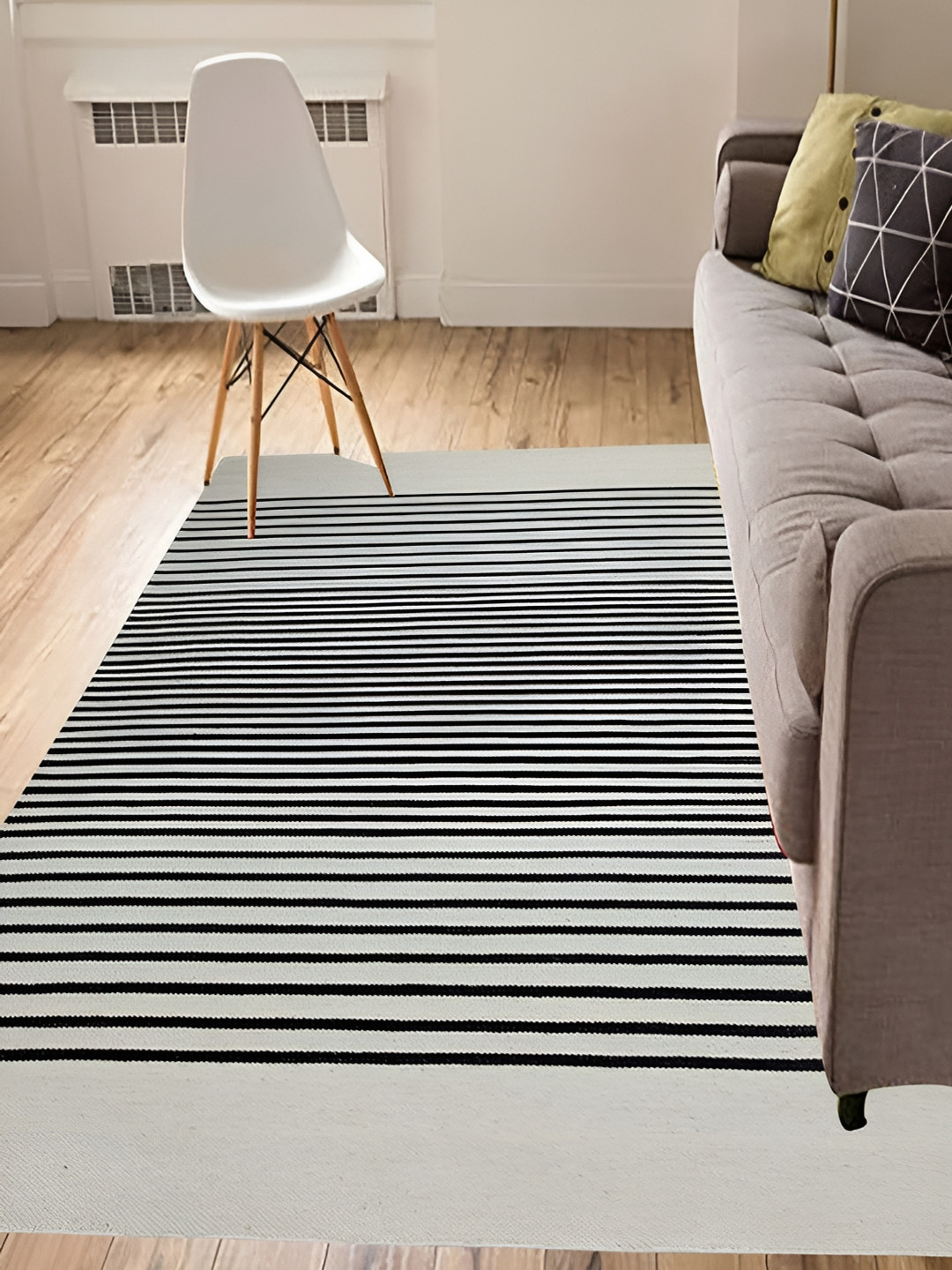 MRIC White Striped Handmade Woollen Carpet